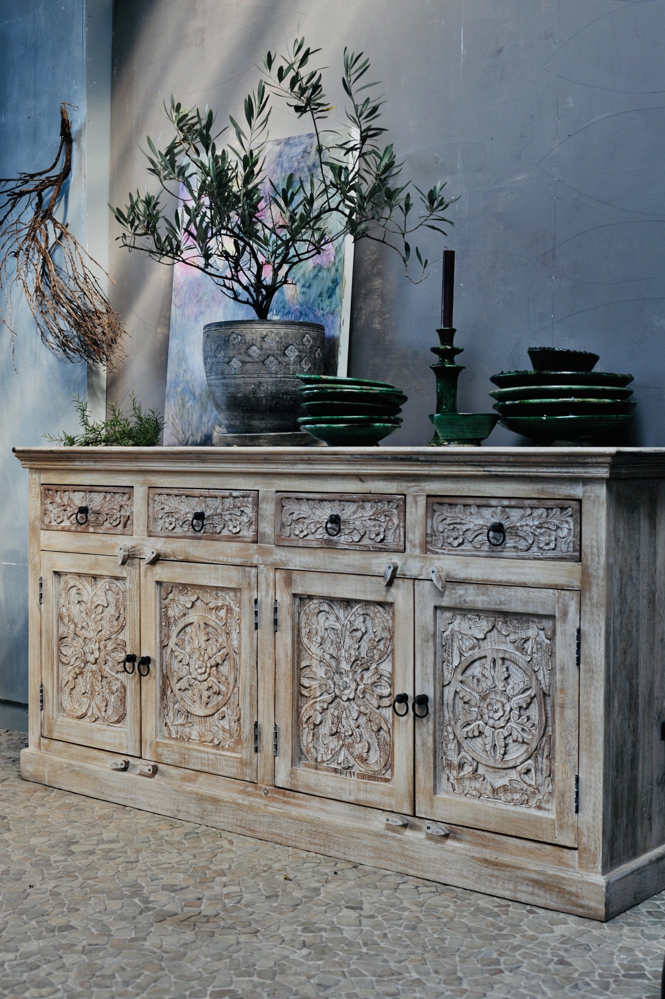 Sideboard 'Germois', natur, weiß gekälkt, B 178 cm, H 88 cm, T 40 cm