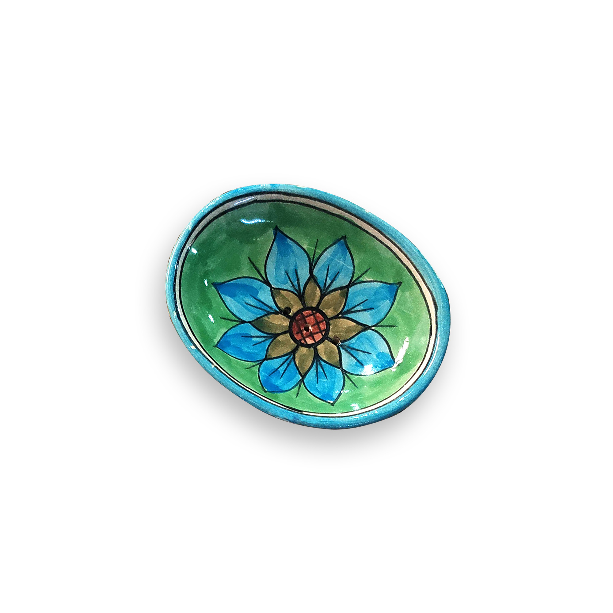 Seifenschale 'Blumen' aus Keramik, blau, grün, L 14 cm, B 10 cm, H 3 cm
