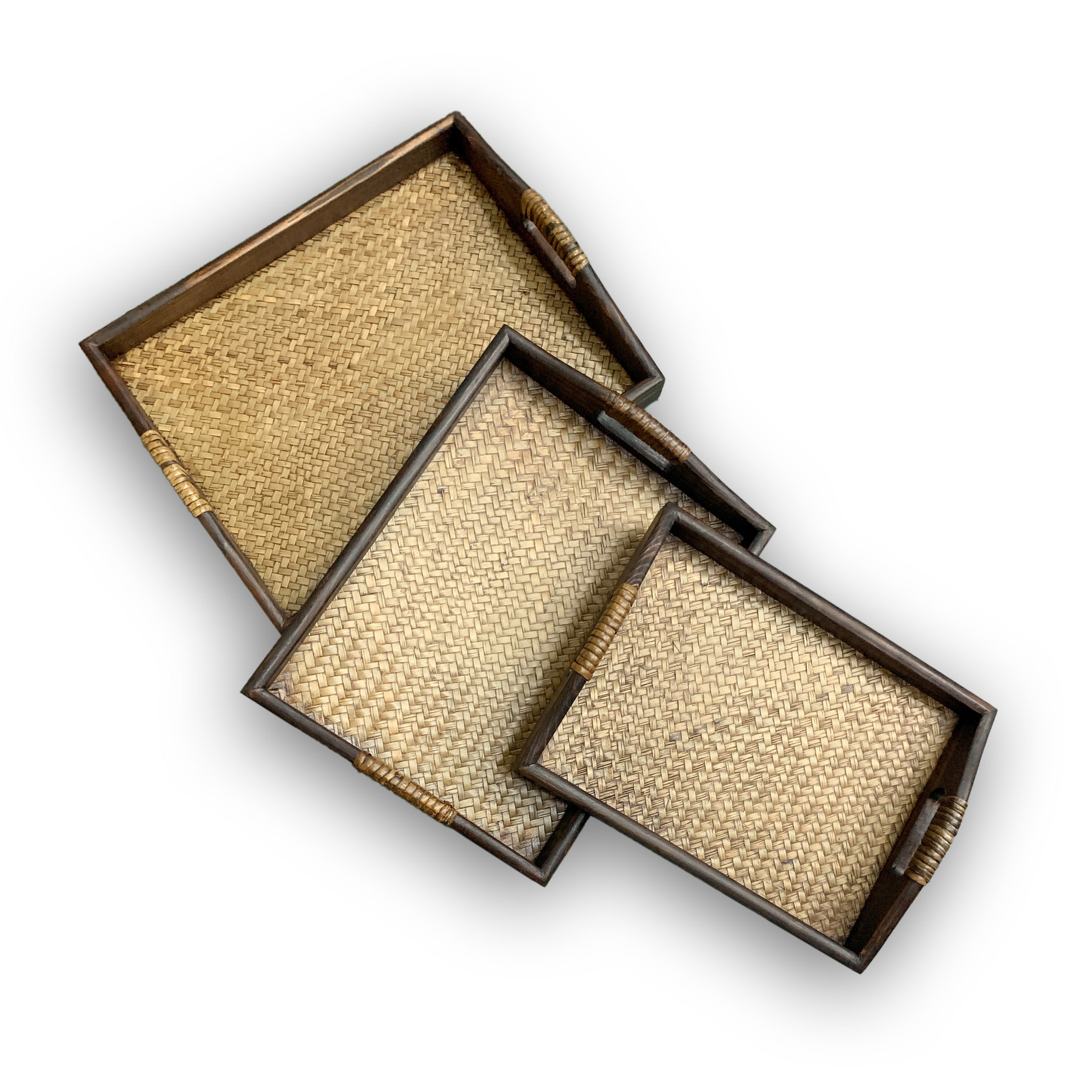 3er-Set Tabletts aus Holz und Rattan