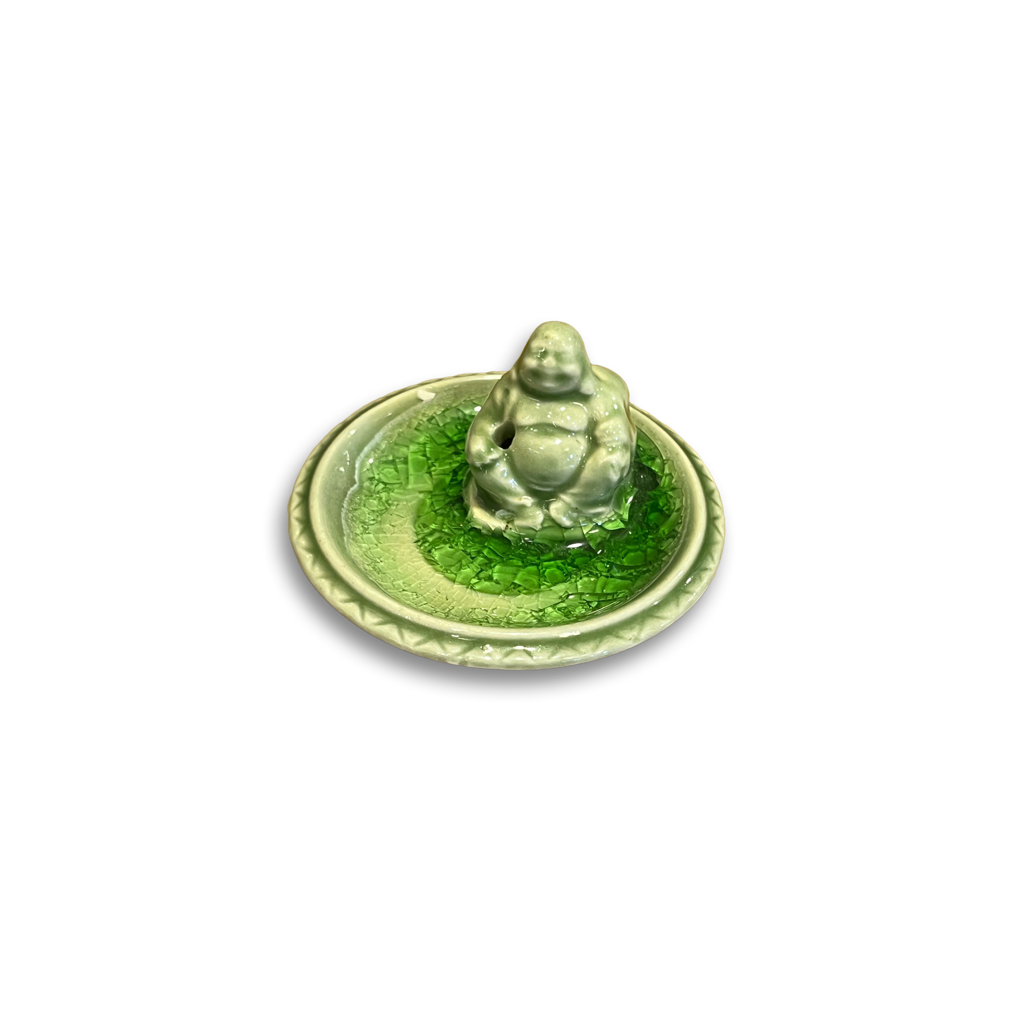 Keramik-Räucherstäbchenhalter 'Buddha', grün, Ø 8 cm, H 4 cm