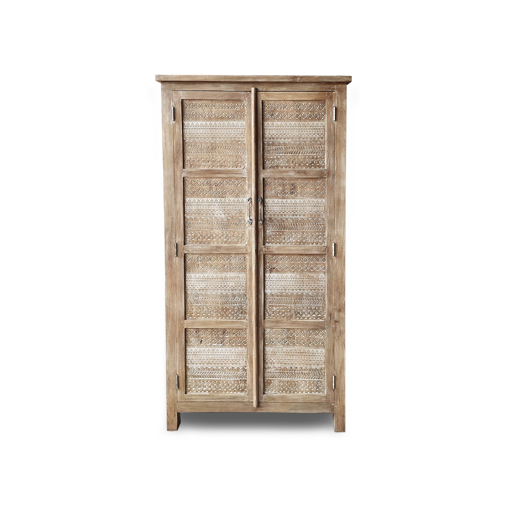 Wäscheschrank mit Intarsien, Mangoholz, whitewashed, H 180 cm, B 90 cm, T 40 cm