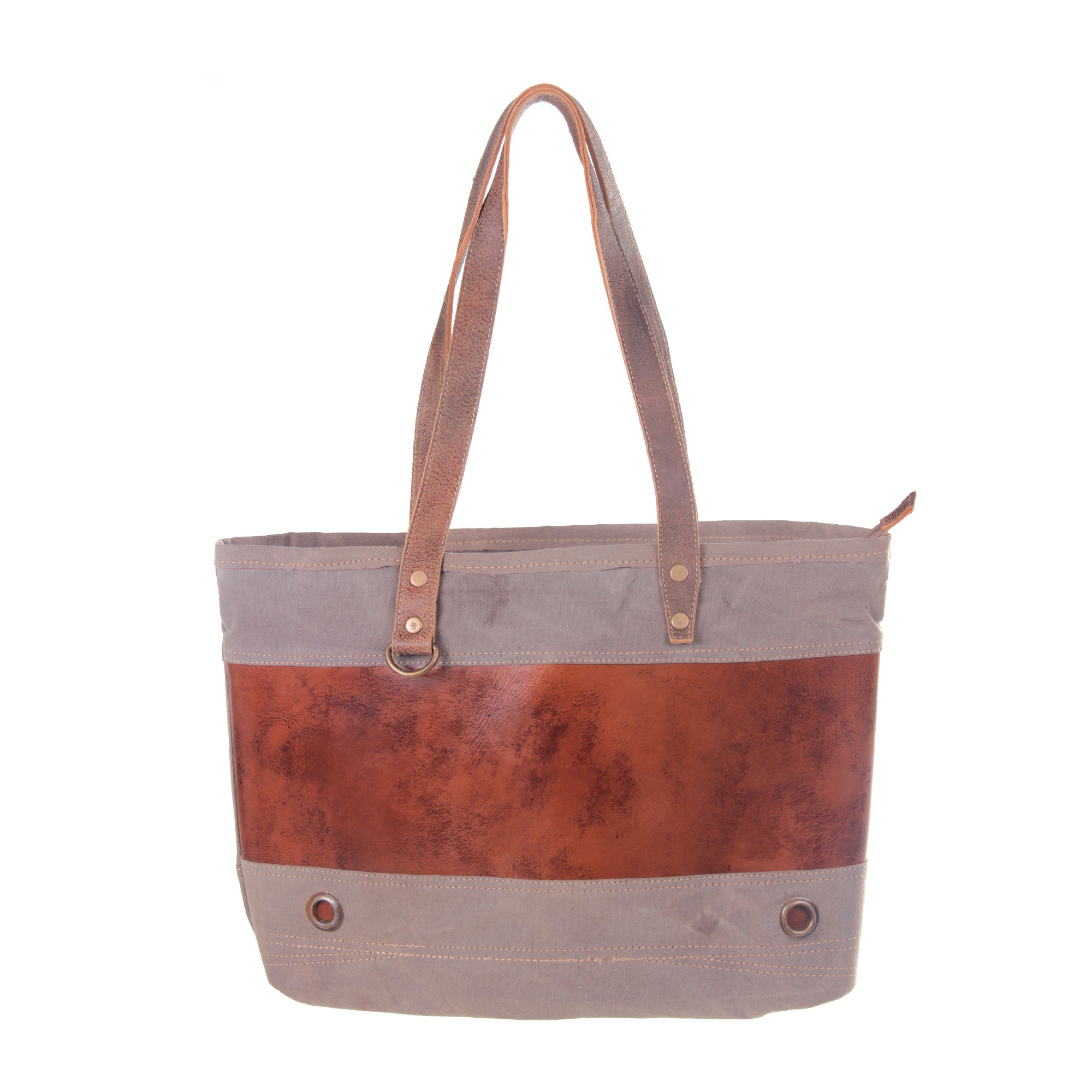 Shopper aus Leinen und Leder, grau-braun, B 45 cm, H 32 cm