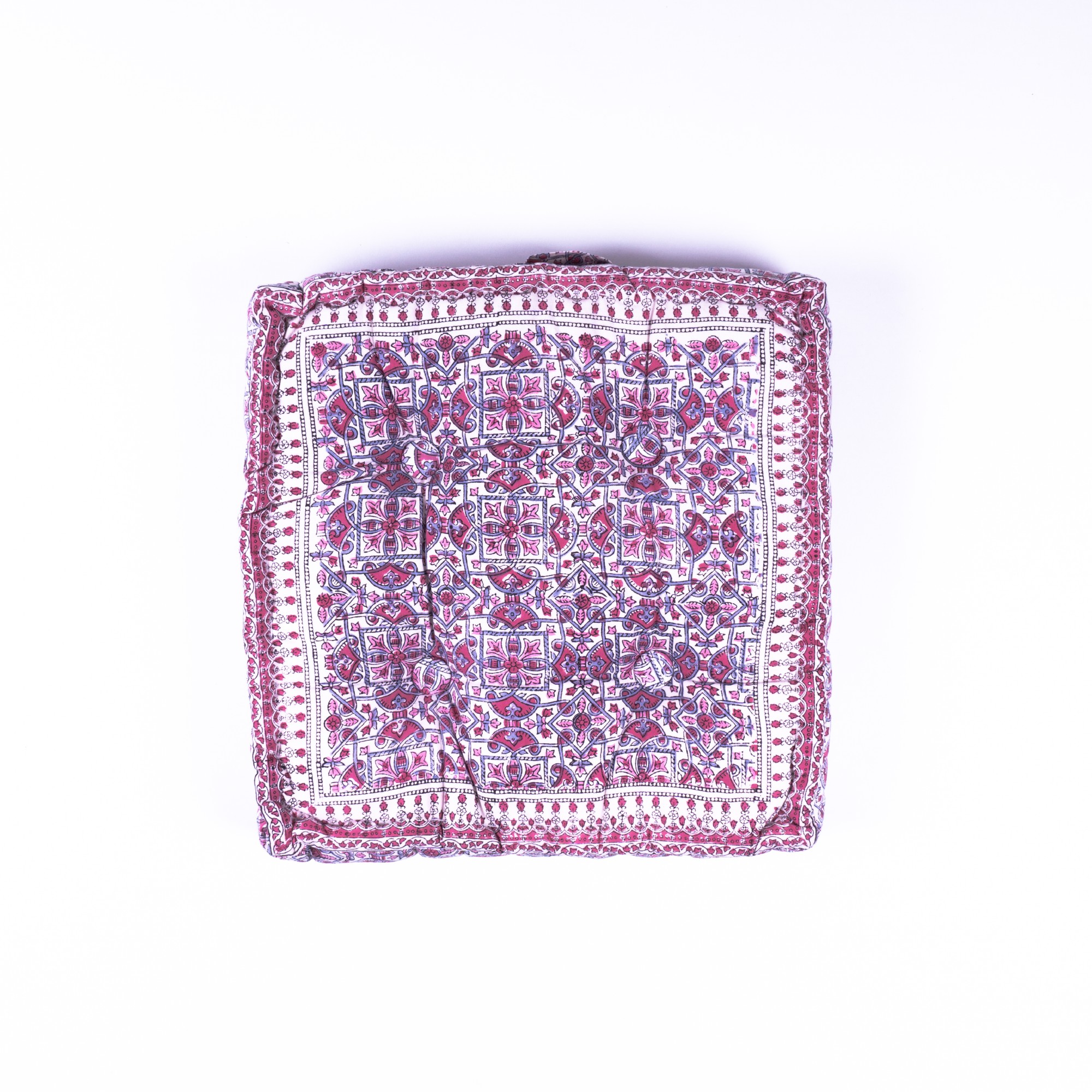 Sitzkissen 'Pink Grey Flower', manuelles Blockprintverfahren, L 40 cm, B 40 cm, H 8 cm