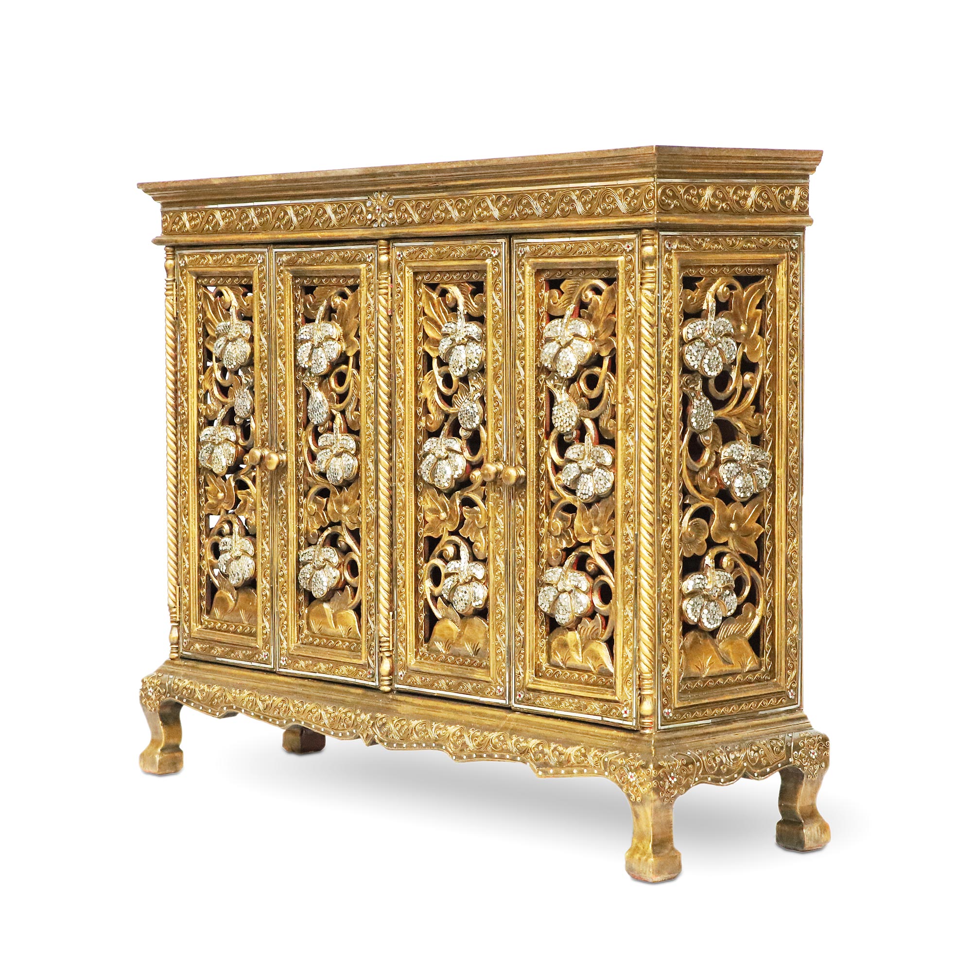 Sideboard 'Weiße Blume', 4 Türen, gold/weiß, B 110 cm, H 90 cm, T 30 cm