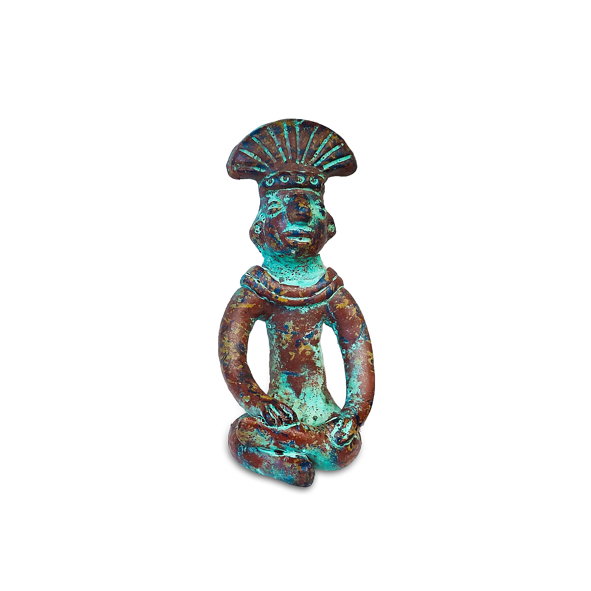 Maya-Figur 'Yaxkin' aus Terrakotta, grün, braun, H 20 cm, B 10 cm, L 9 cm