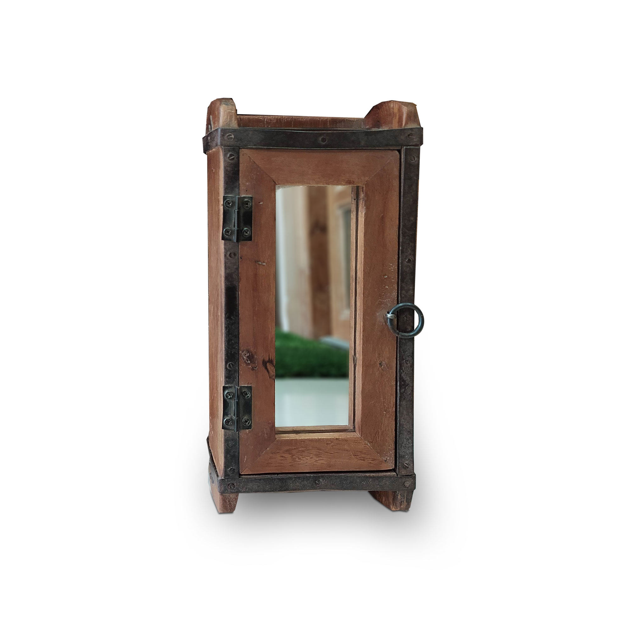 Alte Backsteinform aus Holz mit Spiegeltür, H 32 cm, L 9 cm, B 14 cm