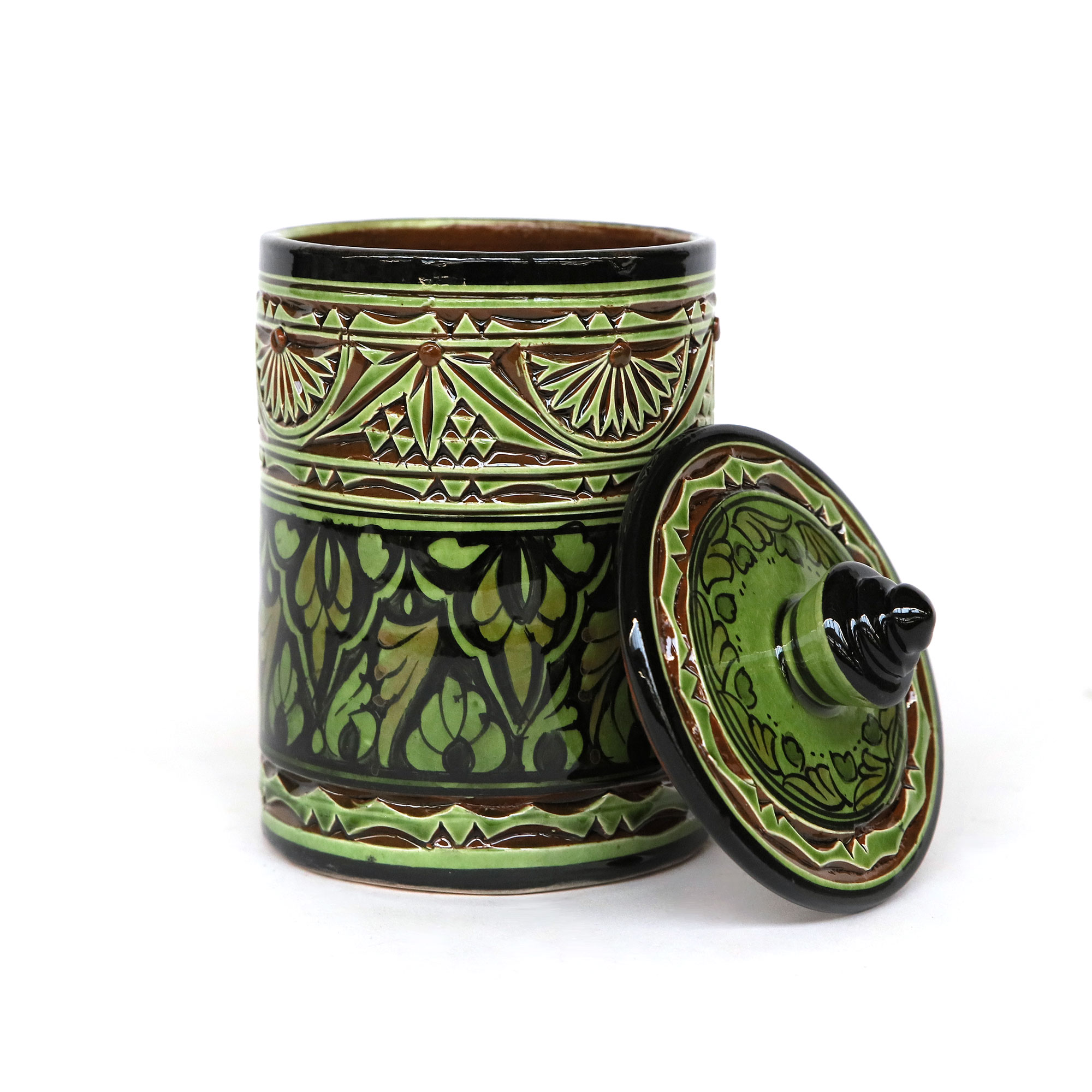 Deckelbehälter mit Prägung, grün, H 14 cm, Ø 10 cm