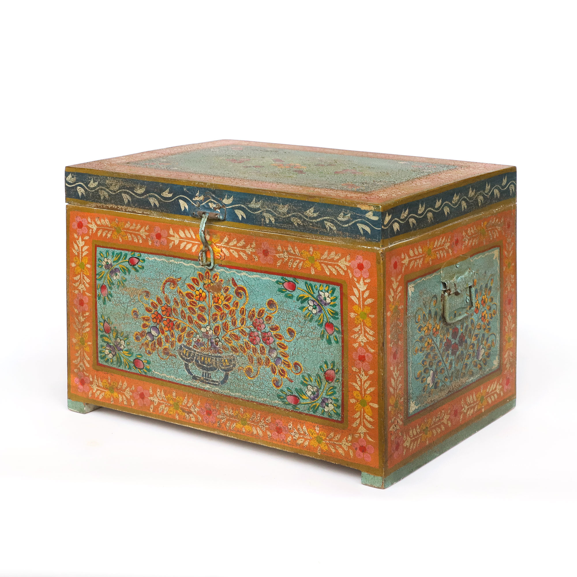 Holztruhe blau-orange, handbemalt, B 52 cm, H 36 cm, L 38 cm