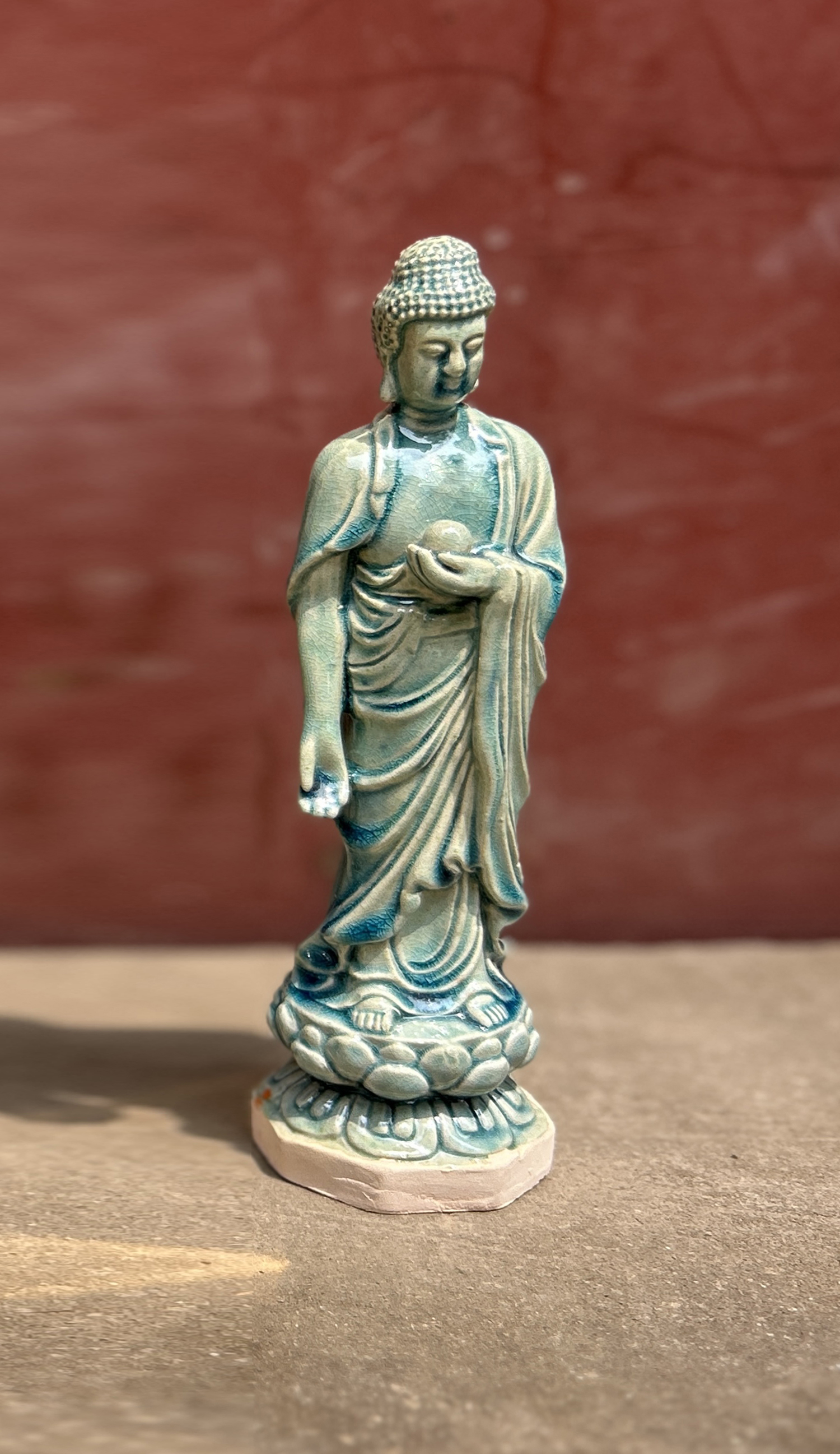 Keramikstatue 'Amit Abha Buddha', blau-grün, H 18 cm, Ø 5,5 cm