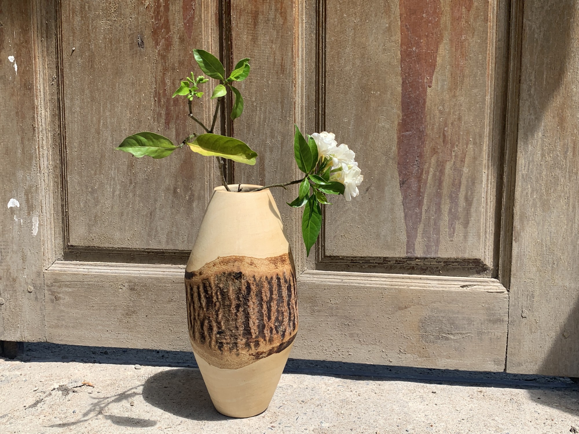 Holzvase mit Baumrinde, Mangoholz, H 25 cm, Ø 10 cm