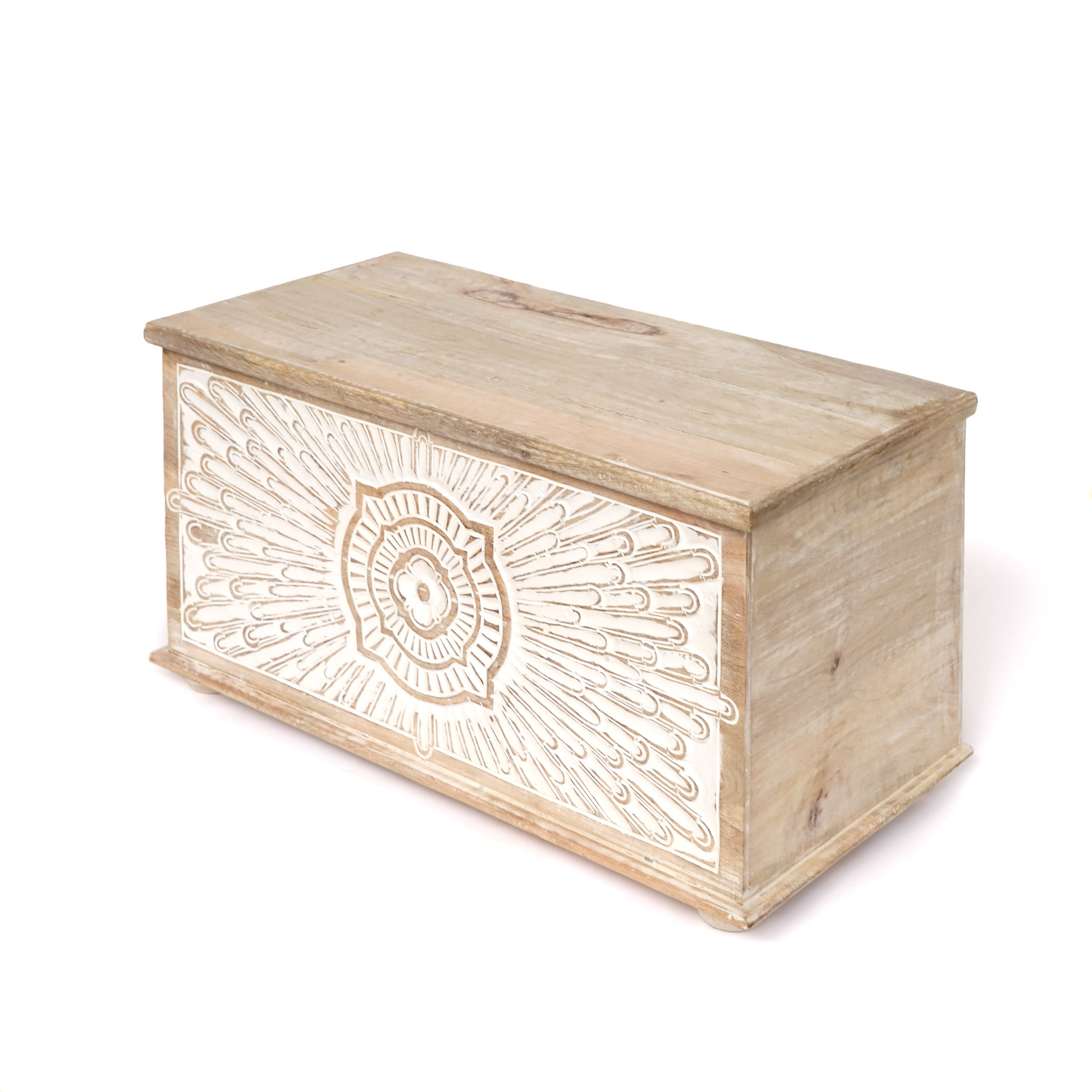 Truhe 'Strahlen' aus Mangoholz, natur, weiß, B 75 cm, H 38 cm, L 35 cm