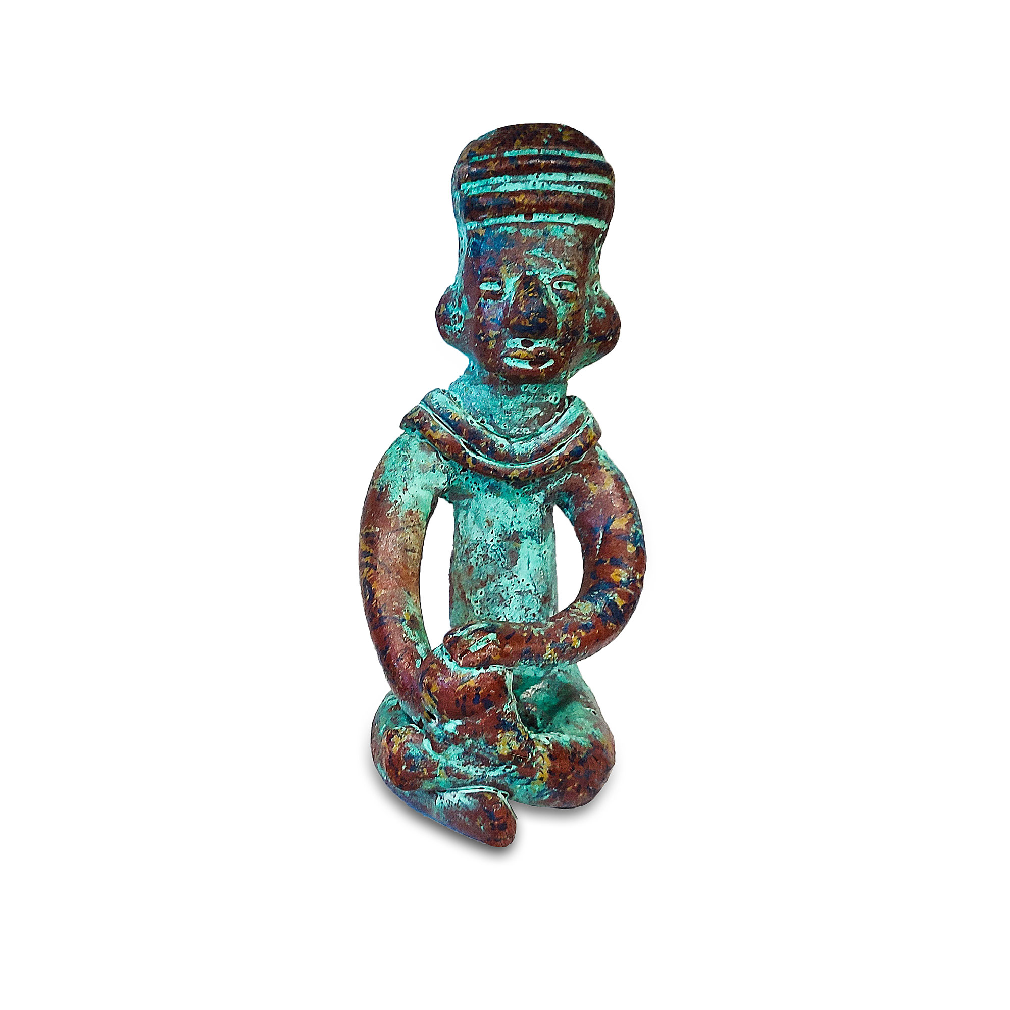 Maya-Figur 'Xpiayoc' aus Terrakotta, grün, braun, H 20 cm, B 10 cm, L 9 cm