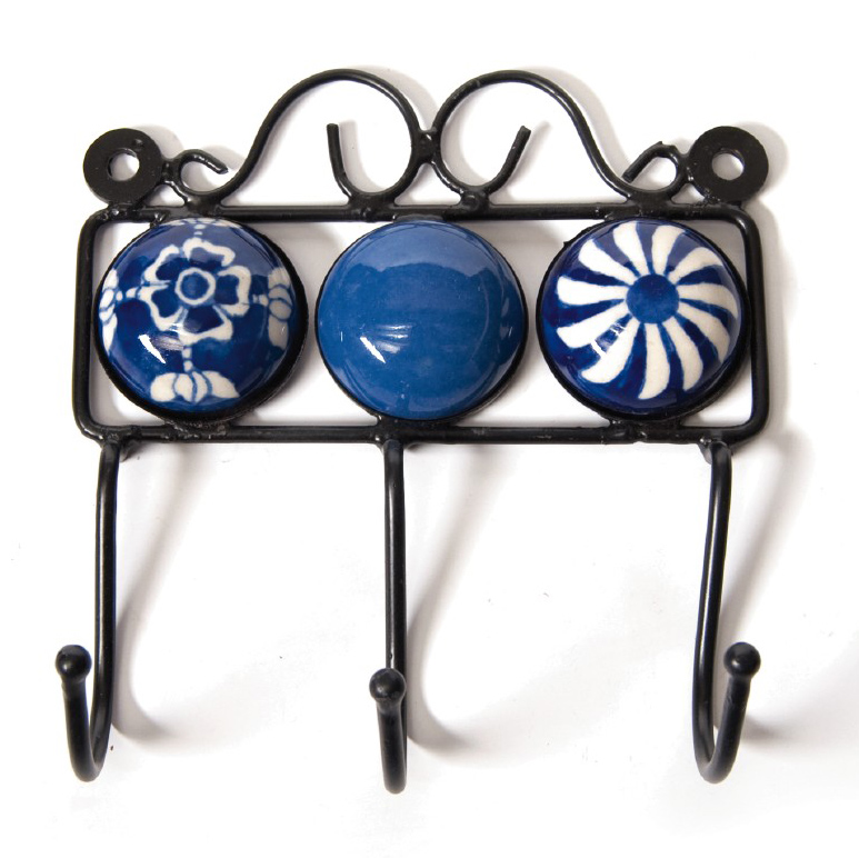 Wandhaken 3fach, blau/weiß, L 4,5 cm, B 14,5 cm, H 15 cm