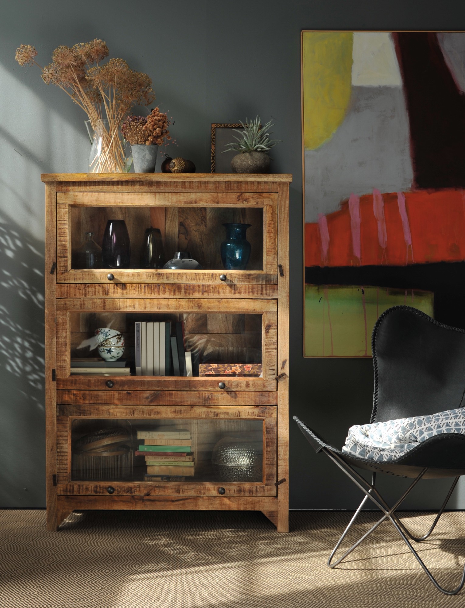 Schrank 'Mansfield' mit 3 Glastüren, natur, H 142 cm, B 99 cm, T 39 cm