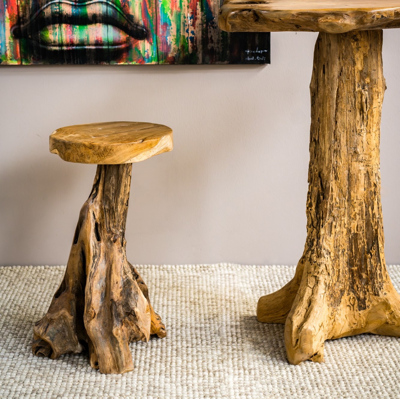 Wurzelholz-Barhocker 'Primitive', Teak natur, H 75 cm, Ø 45 cm