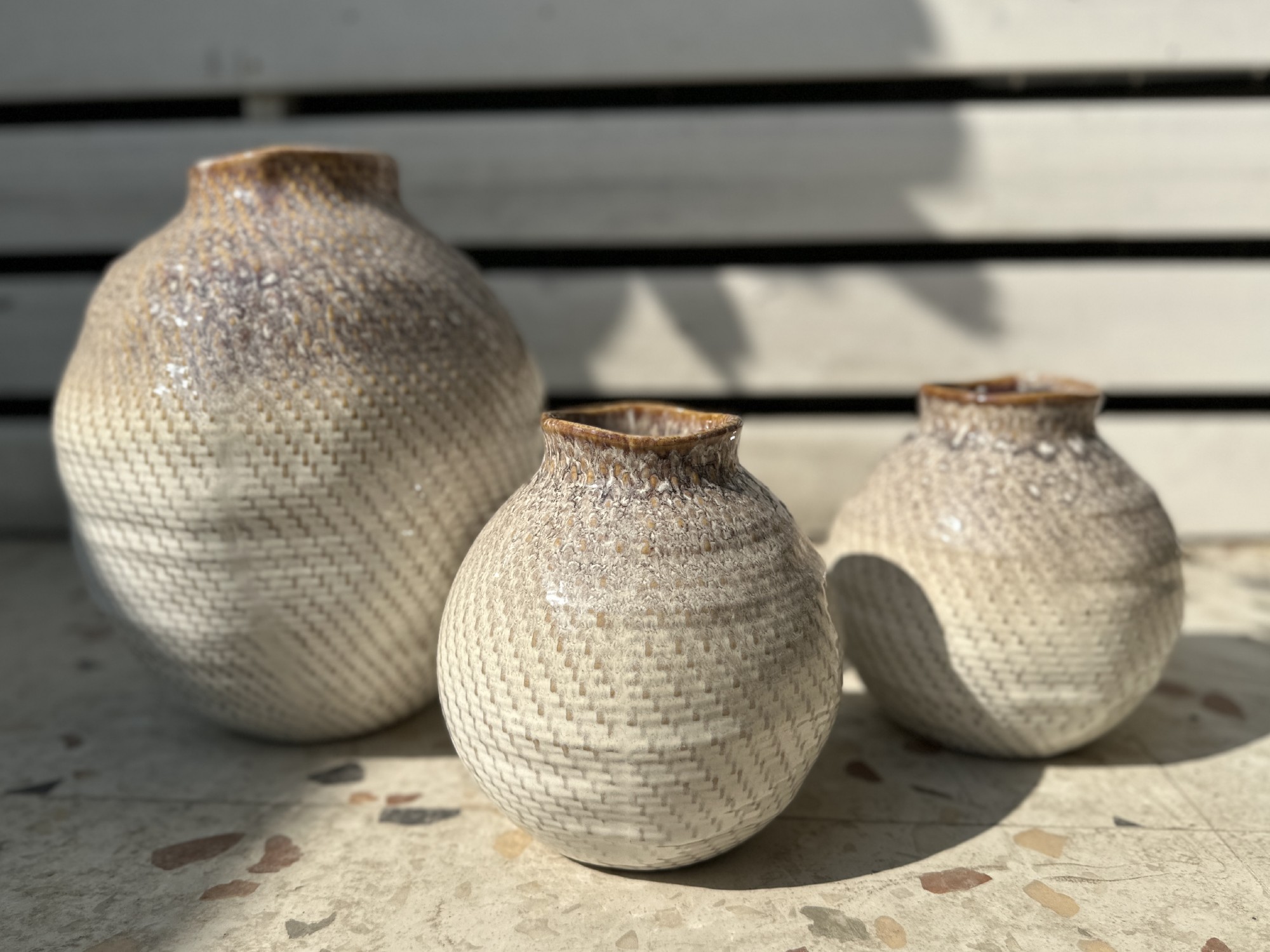 Keramikvase, Flechtoptik, braun/weiß, Ø 18 cm, H 18,5 cm