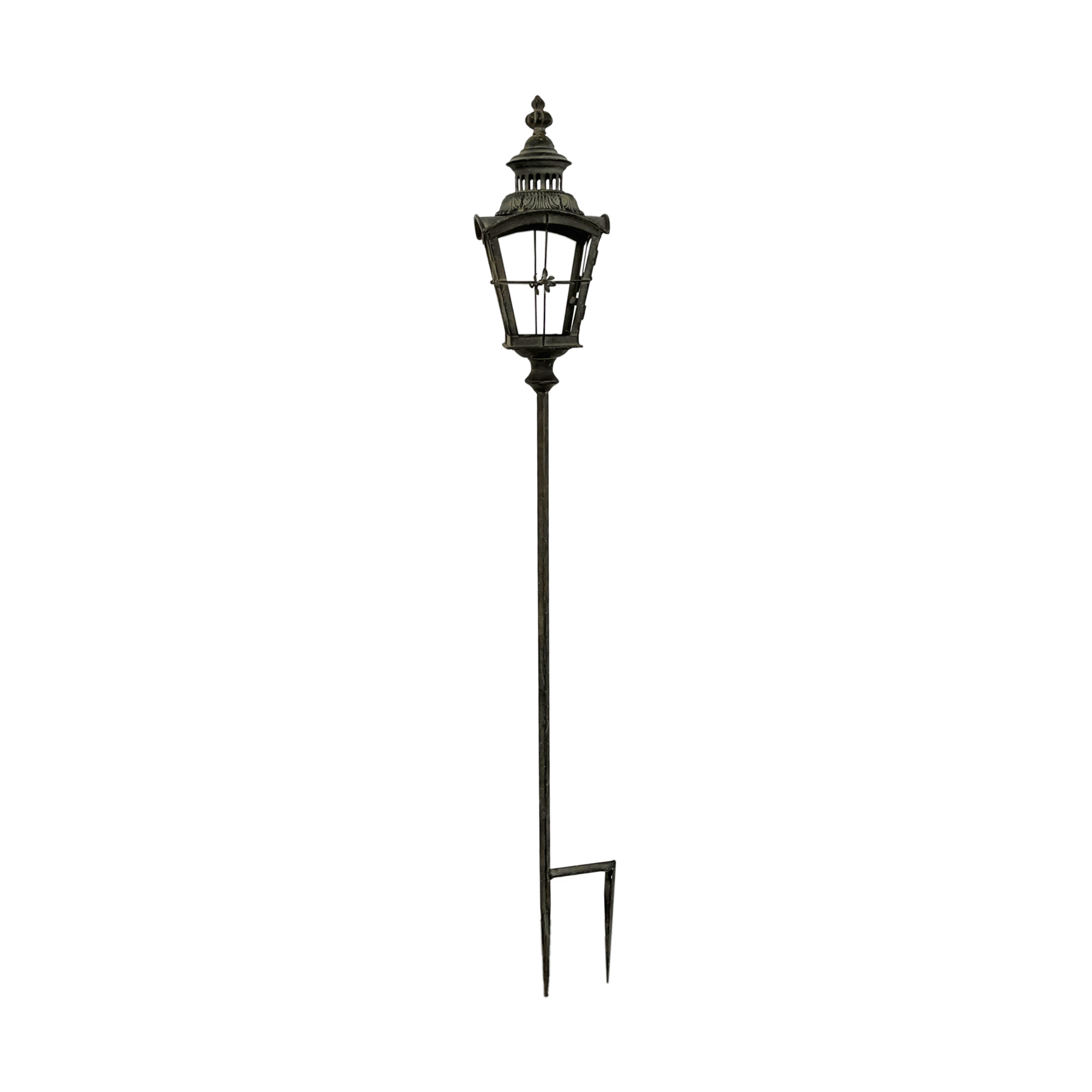 Laterne auf Gartenstecker, aus Metall und Glas, H 130 cm, B 17,5 cm, L 17,5 cm