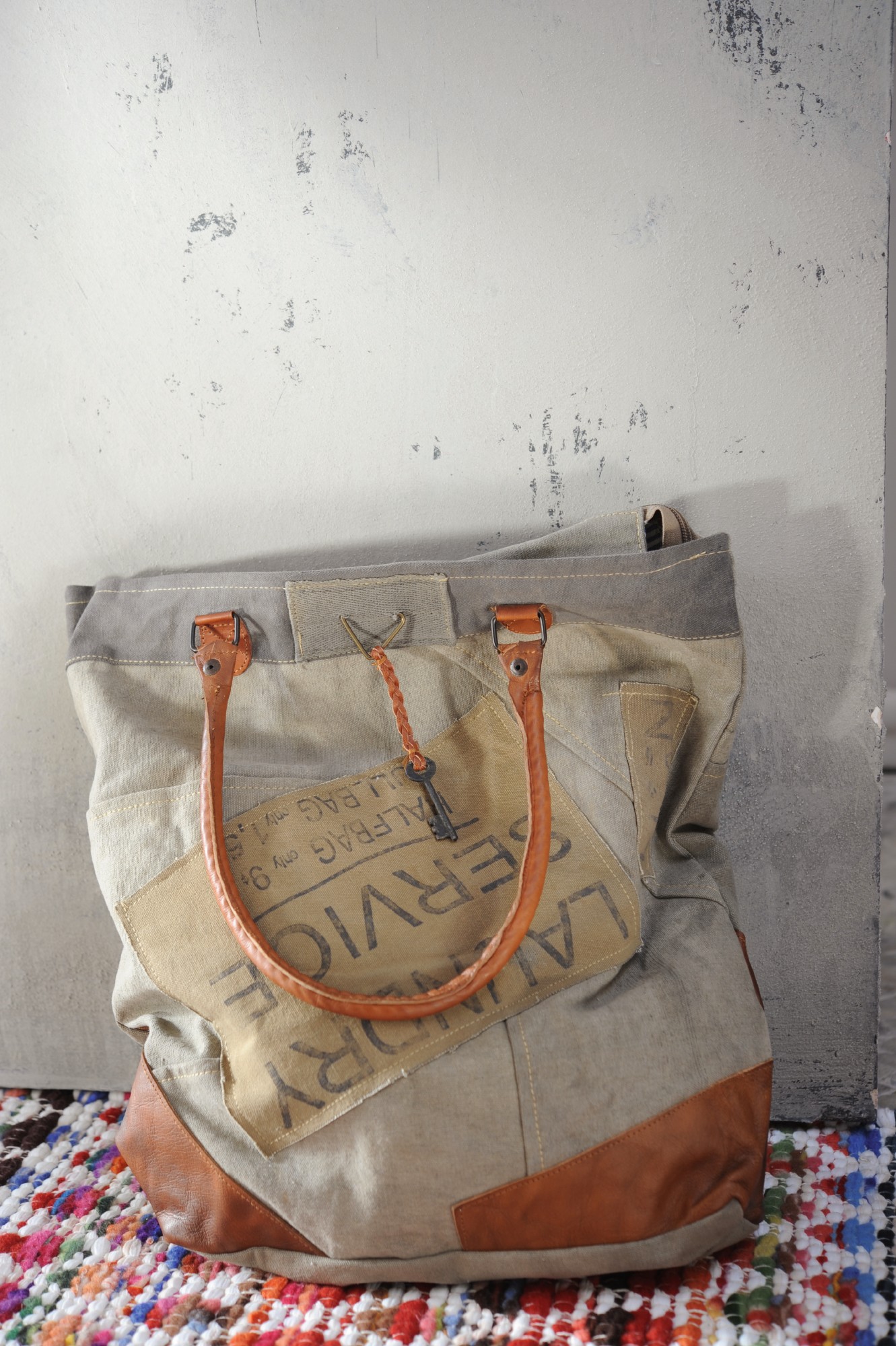 Shopper 'Baldev' aus derbem Leinen, beige/grau, B 43 cm, H 44 cm