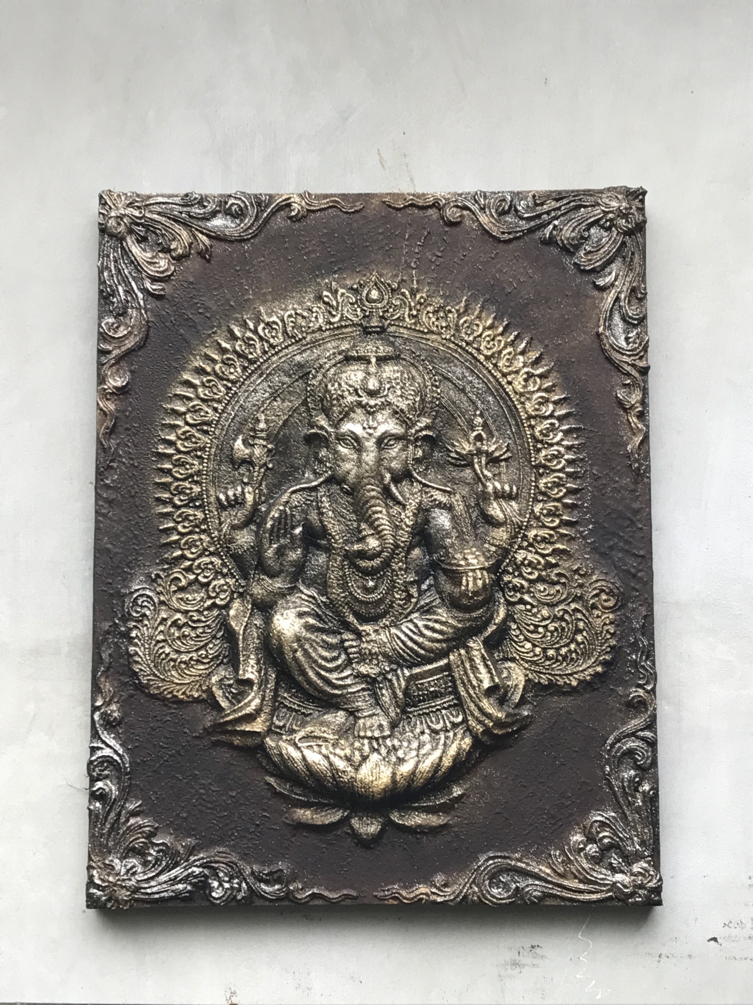 Relief-Gemälde 'Ganesha 3D', silber, H 90 cm, B 70 cm, T 12 cm