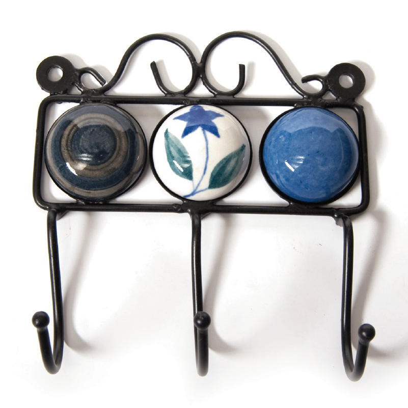 Wandhaken 3fach, blau/weiß, L 4,5 cm, B 14,5 cm, H 15 cm