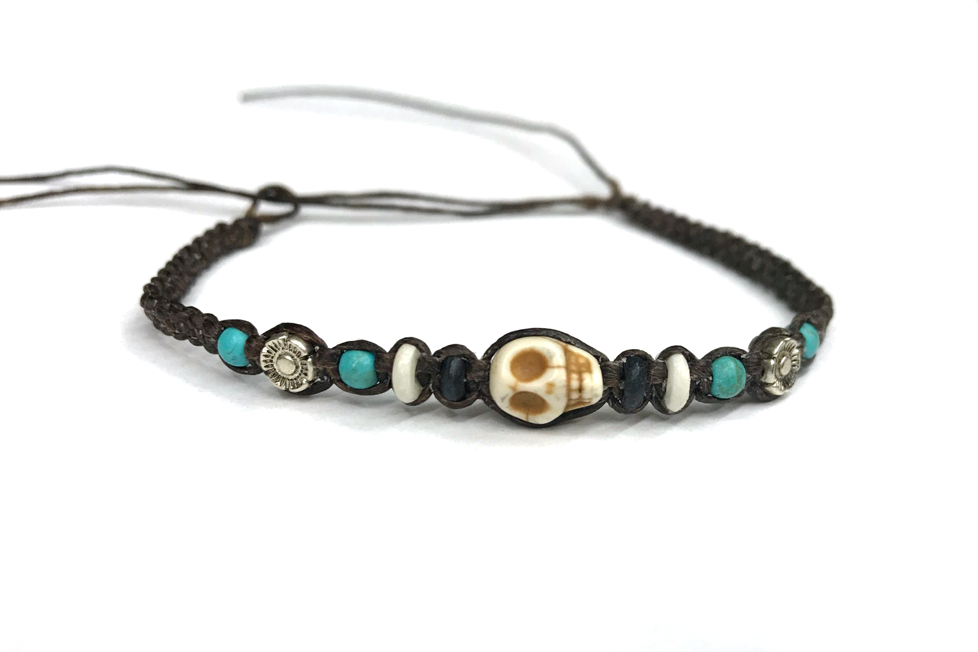 Armband 'Totenkopf', schwarz, türkis, weiß