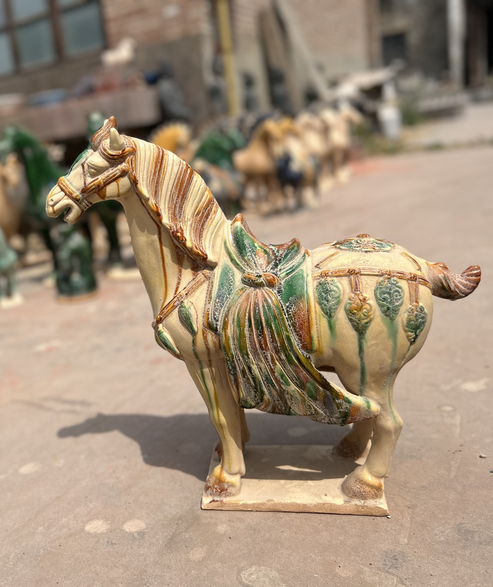 Keramikpferd 'Tang Dynastie', gelb, grün, B 45 cm, H 45 cm, L 16 cm