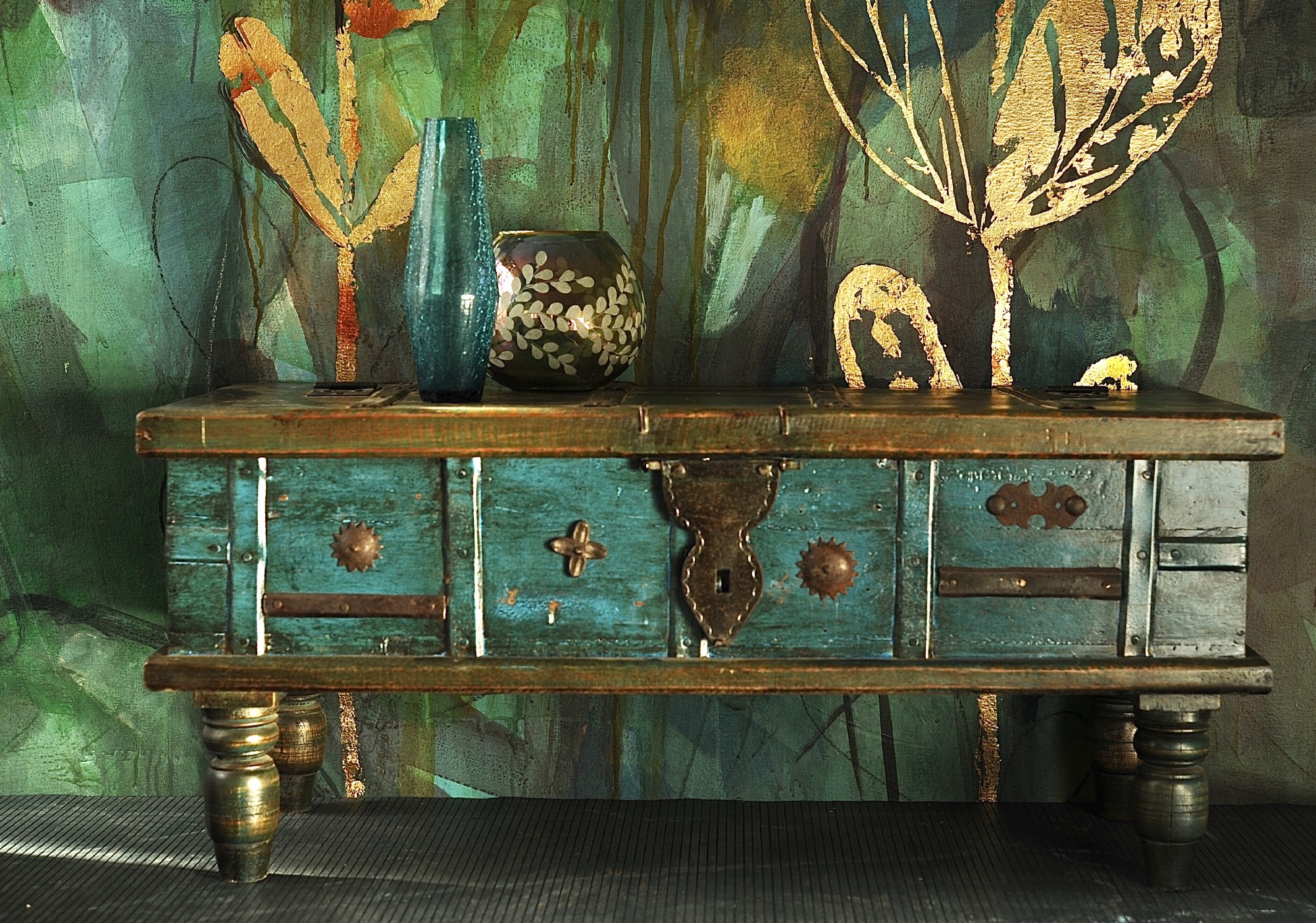 Holztruhe blau, B 86 cm, H 38 cm, L 36 cm