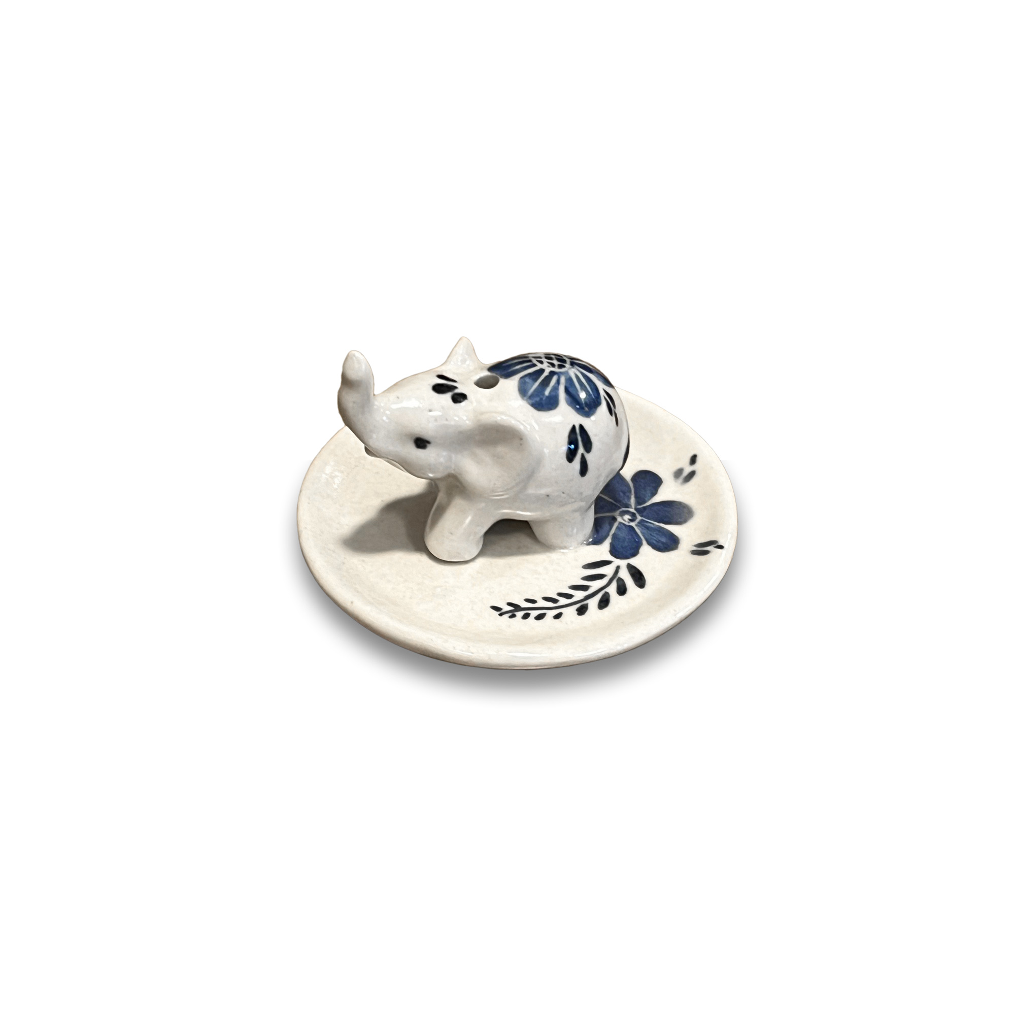 Keramik-Räucherstäbchenhalter 'Elefant', weiß-blau, Ø 7 cm, H 4 cm