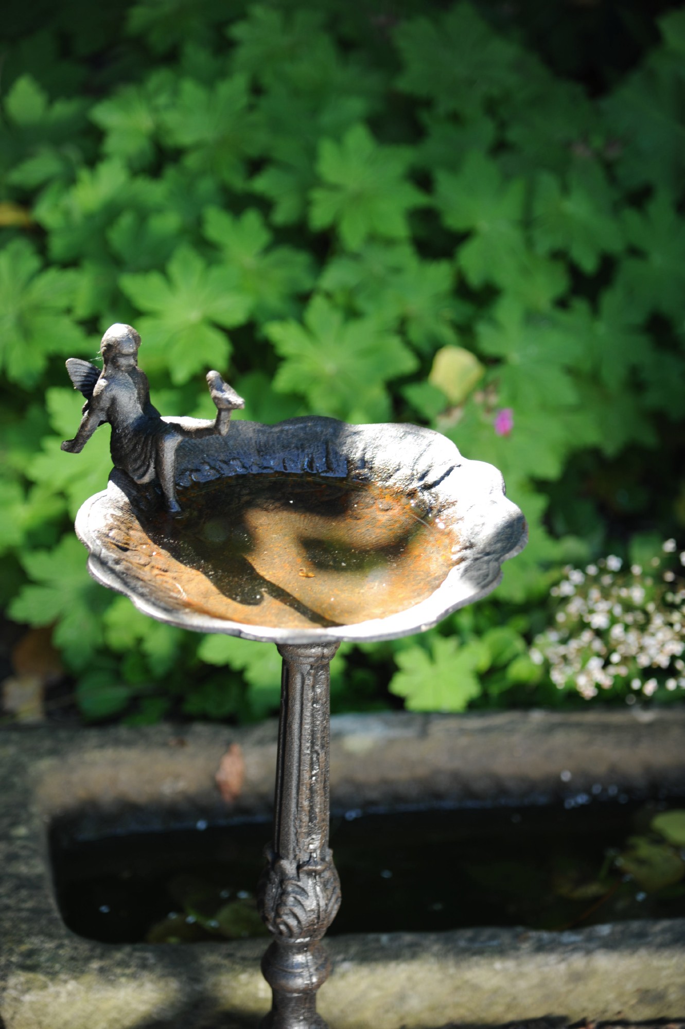 Vogeltränke mit Standfuß, antik-braun, B 25 cm, H 45 cm