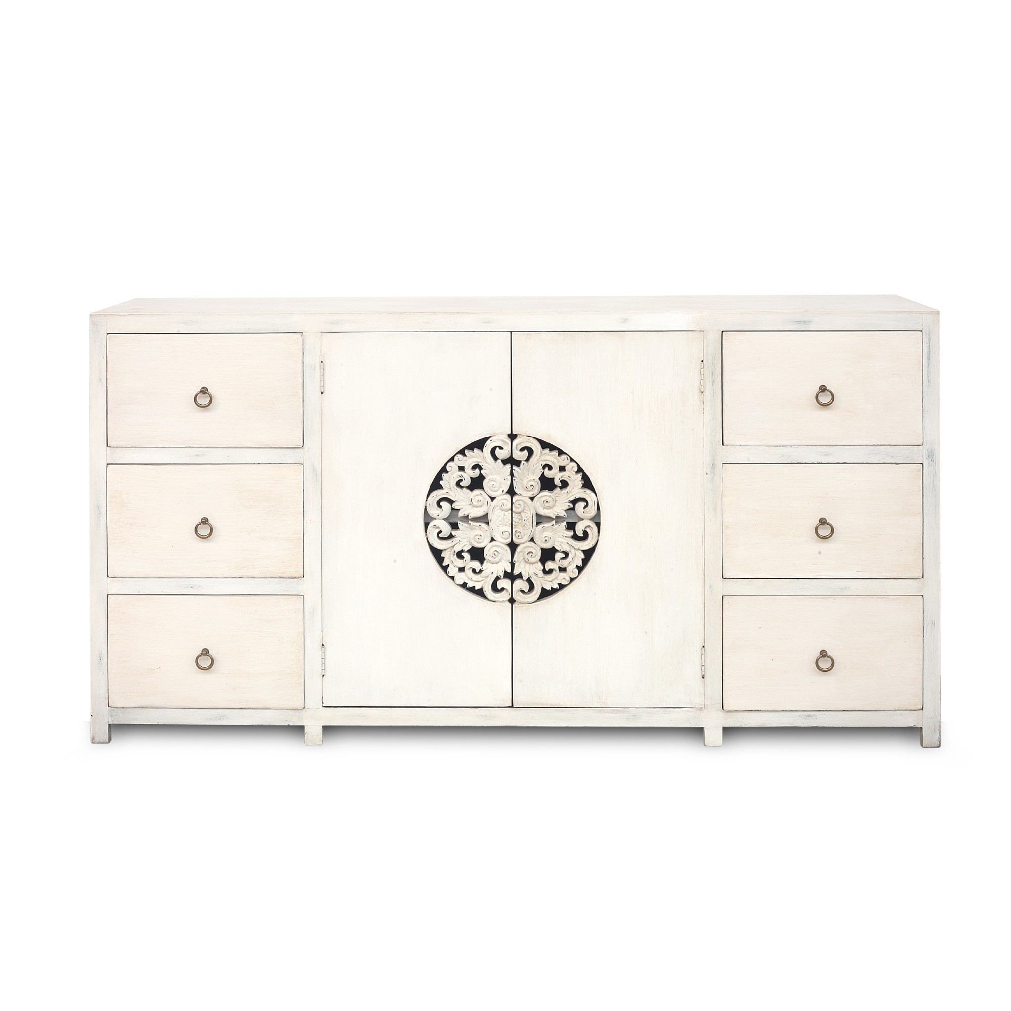 Schrank 'Sukomvit', mit floralen Schnitzelementen, weiß, L 40 cm, B 150 cm, H 80 cm