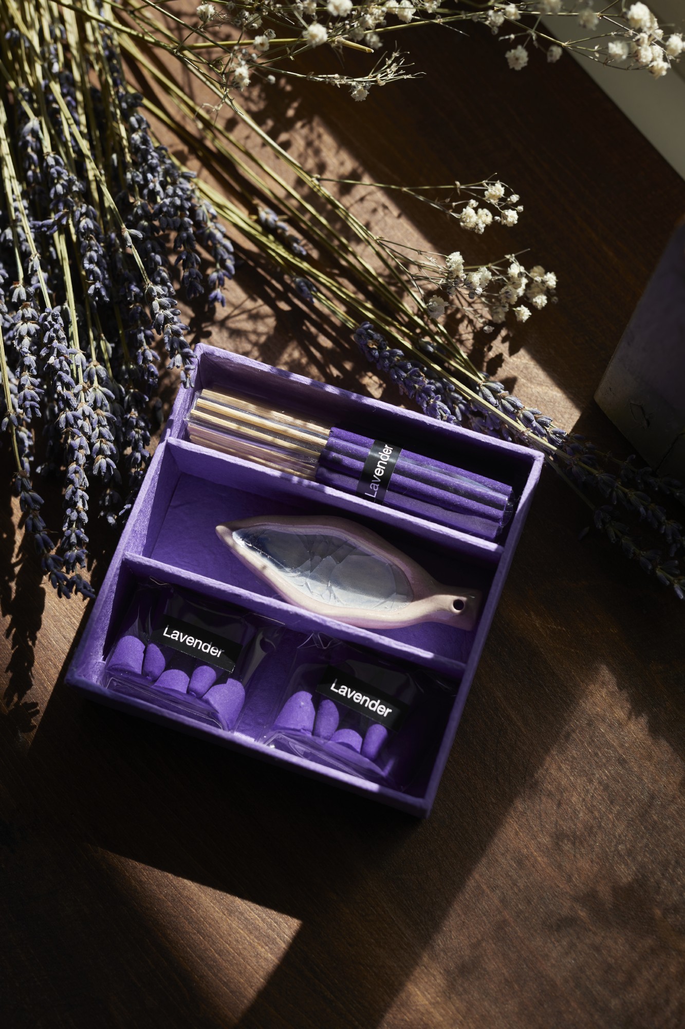 Räucher-Box 'Lavendel', violett, T 10 cm, B 10 cm, H 2,5 cm
