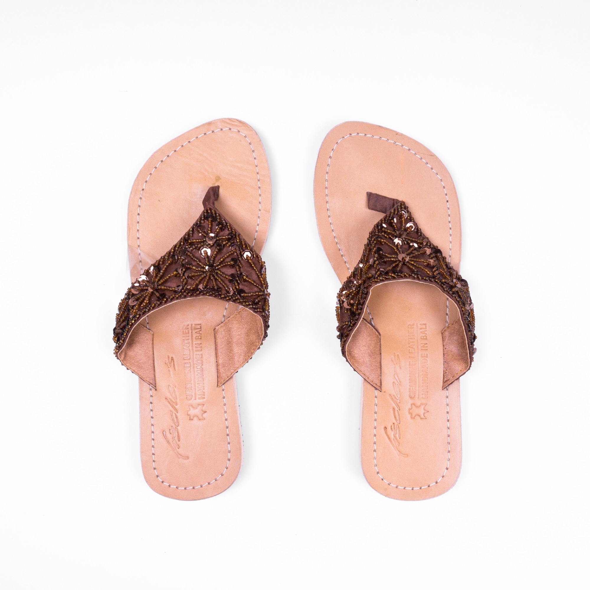 Damensandalen mit Perlen, braun, Leder, Größe 37-41