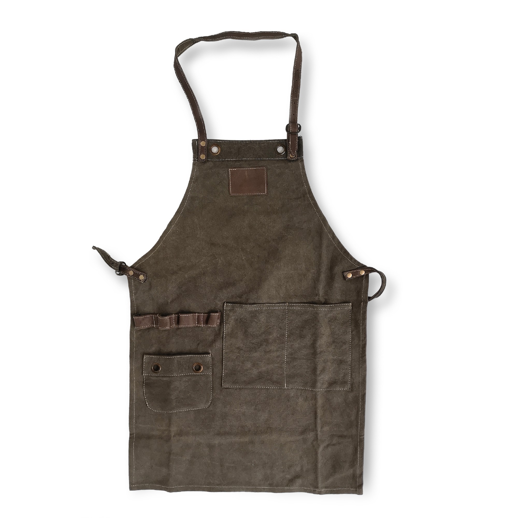 Schürze Canvas/Leder, grau, braun, T 86 cm, B 60 cm