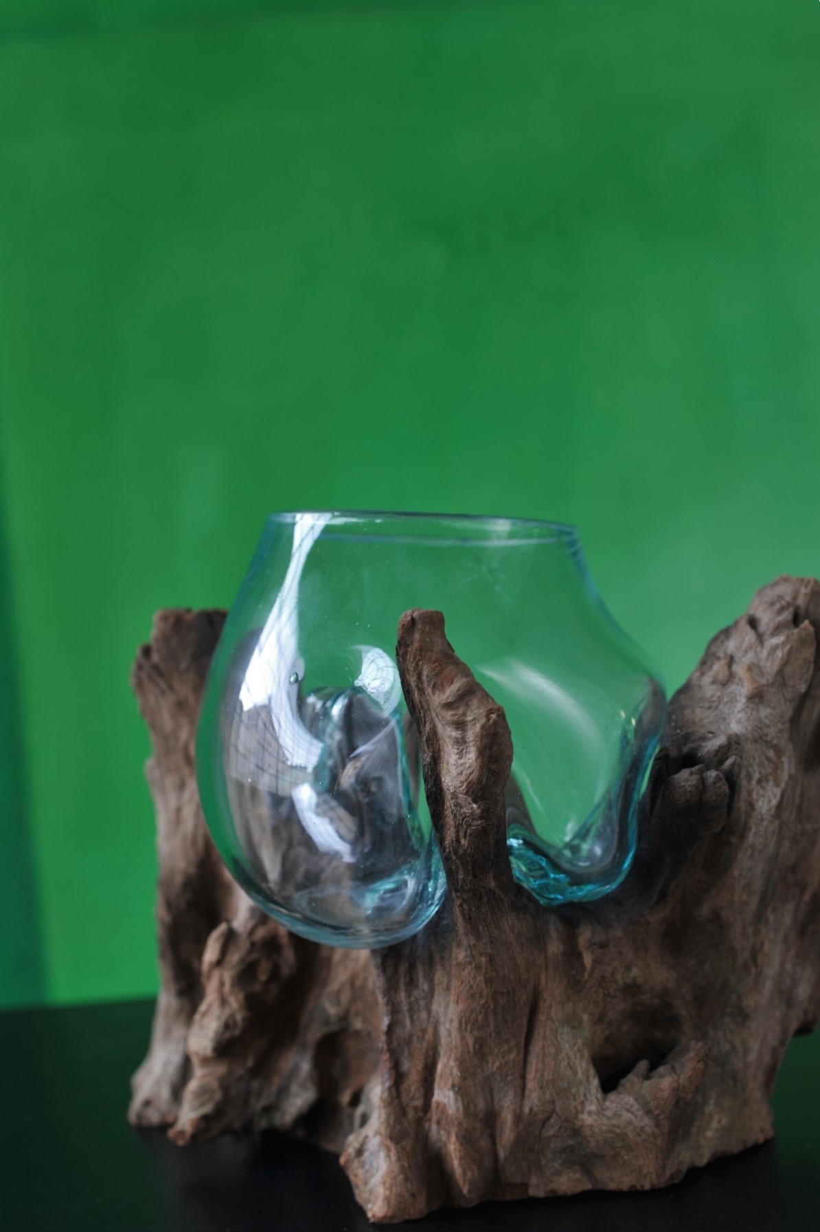 Glasvase aus Wurzelholz, natur, T 13 - 20 cm, B 22 - 26 cm, H 20 - 22 cm