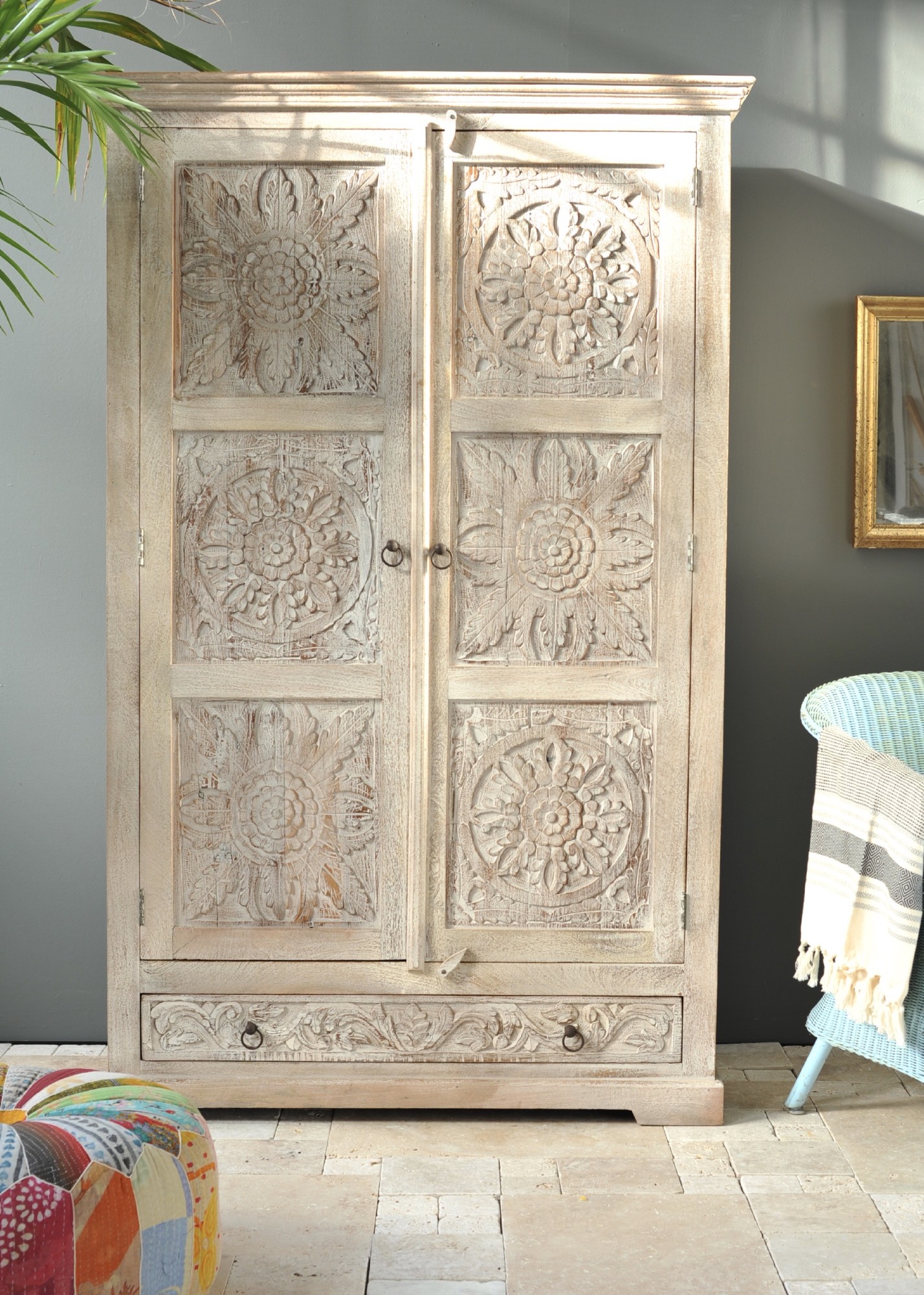 Kleiderschrank 'Germois', natur, weiß gekälkt, B 120 cm, H 190 cm, T 57 cm