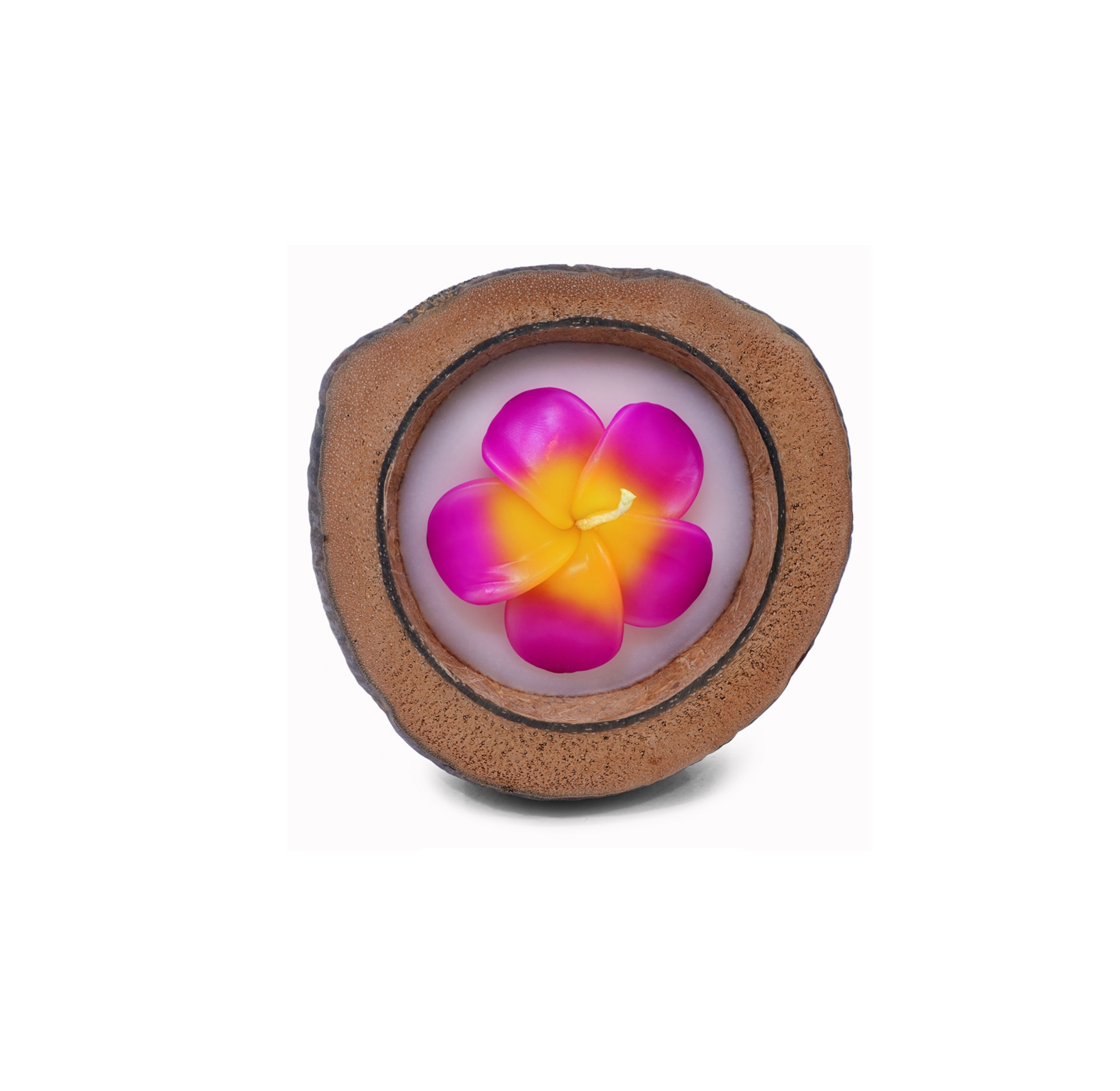 Kokos-Duftkerze 'Frangipani', natur, pink-gelbe Blüte, Ø 15-17 cm