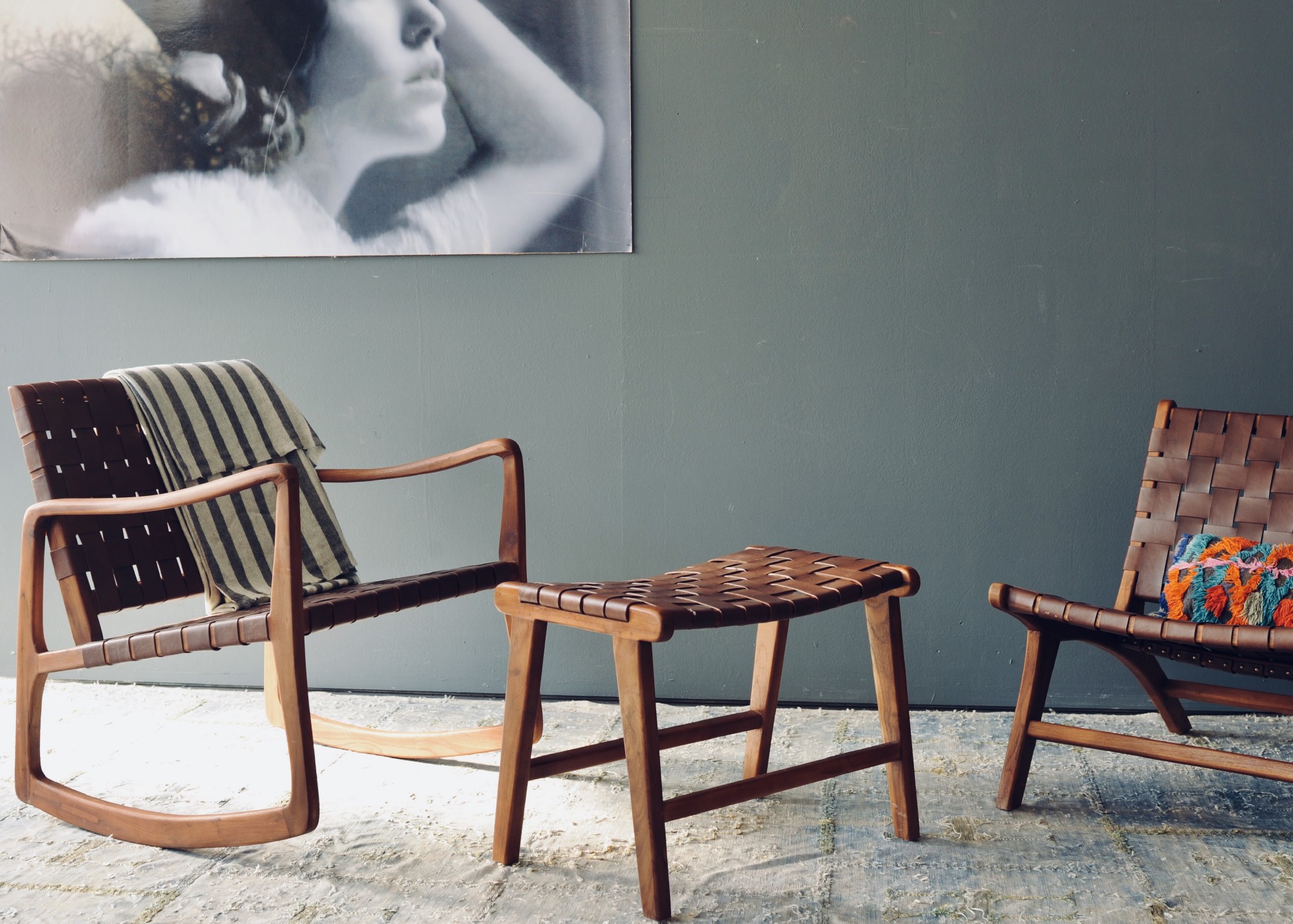 Bank 'Denrodt', Teak und Leder, B 60 cm, H 45 cm, L 40 cm