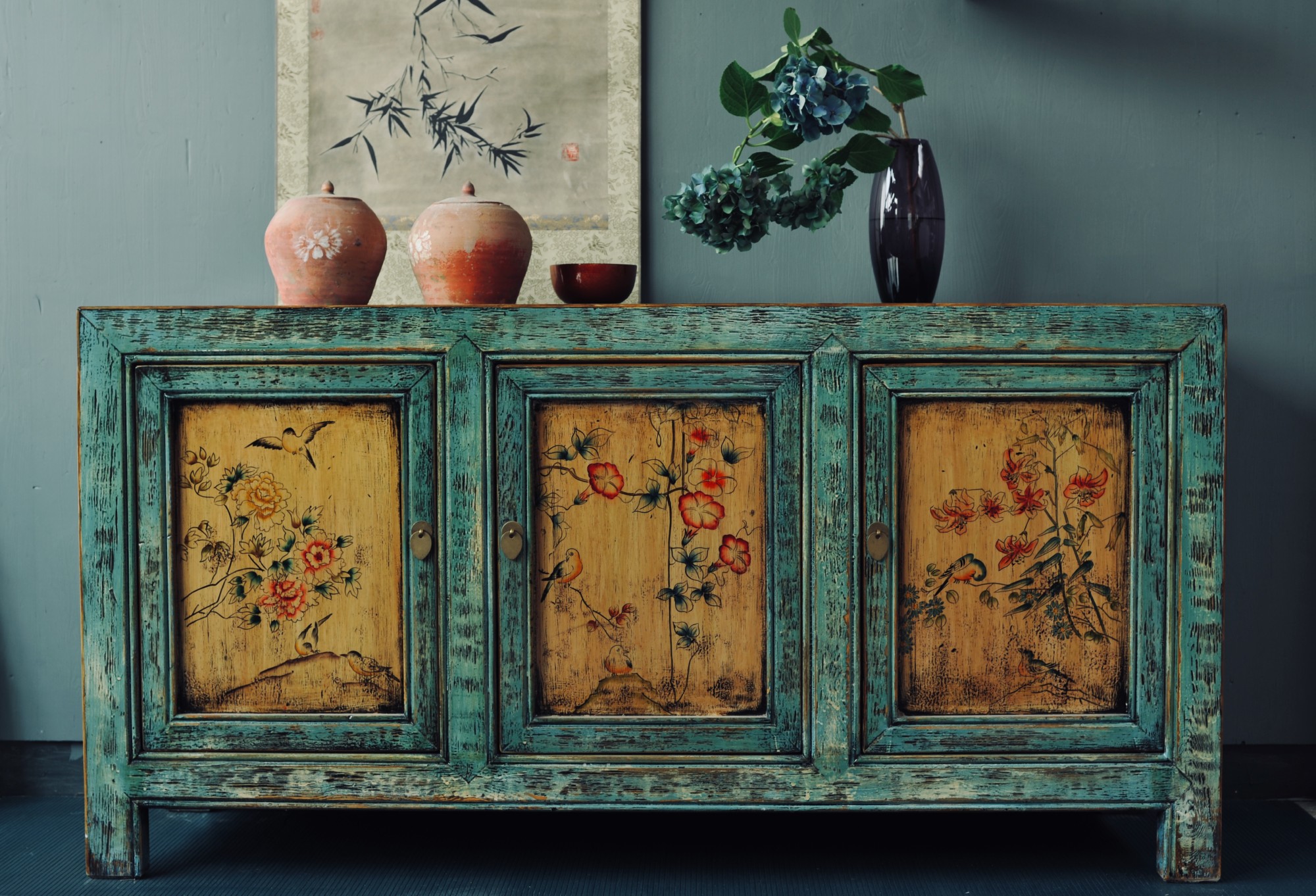 Sideboard 'Deng Hui', türkis, gelb, T 42 cm, B 158 cm, H 80 cm