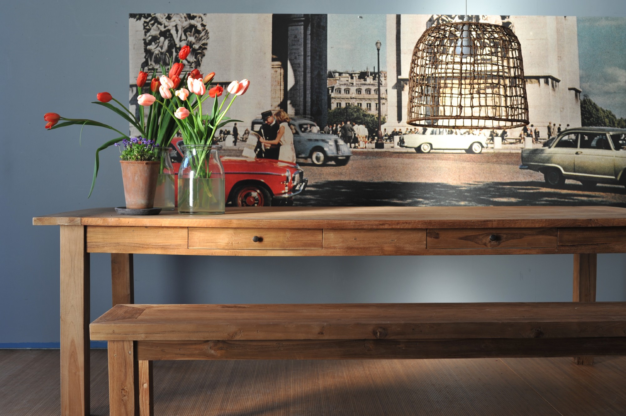 Holztisch aus recyceltem 'Teak' mit 4 Schubladen, natur, L 250 cm, B 100 cm, H 79 cm