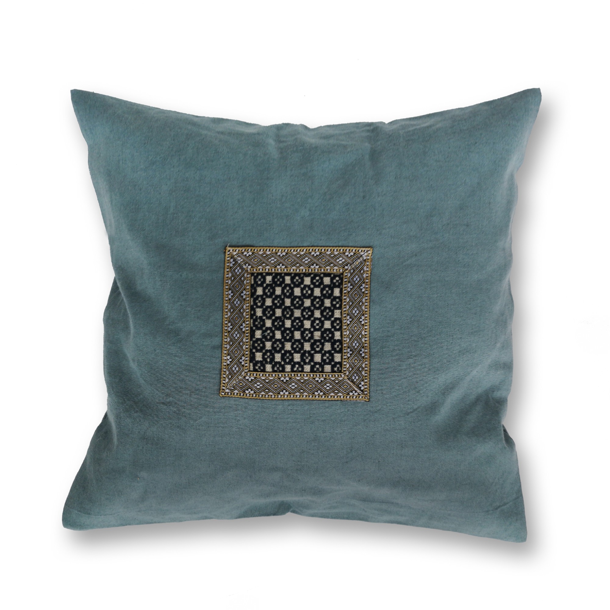 Kissenhülle aus Hanf (Applikation Seide alt), blau, T 45 cm, B 45 cm