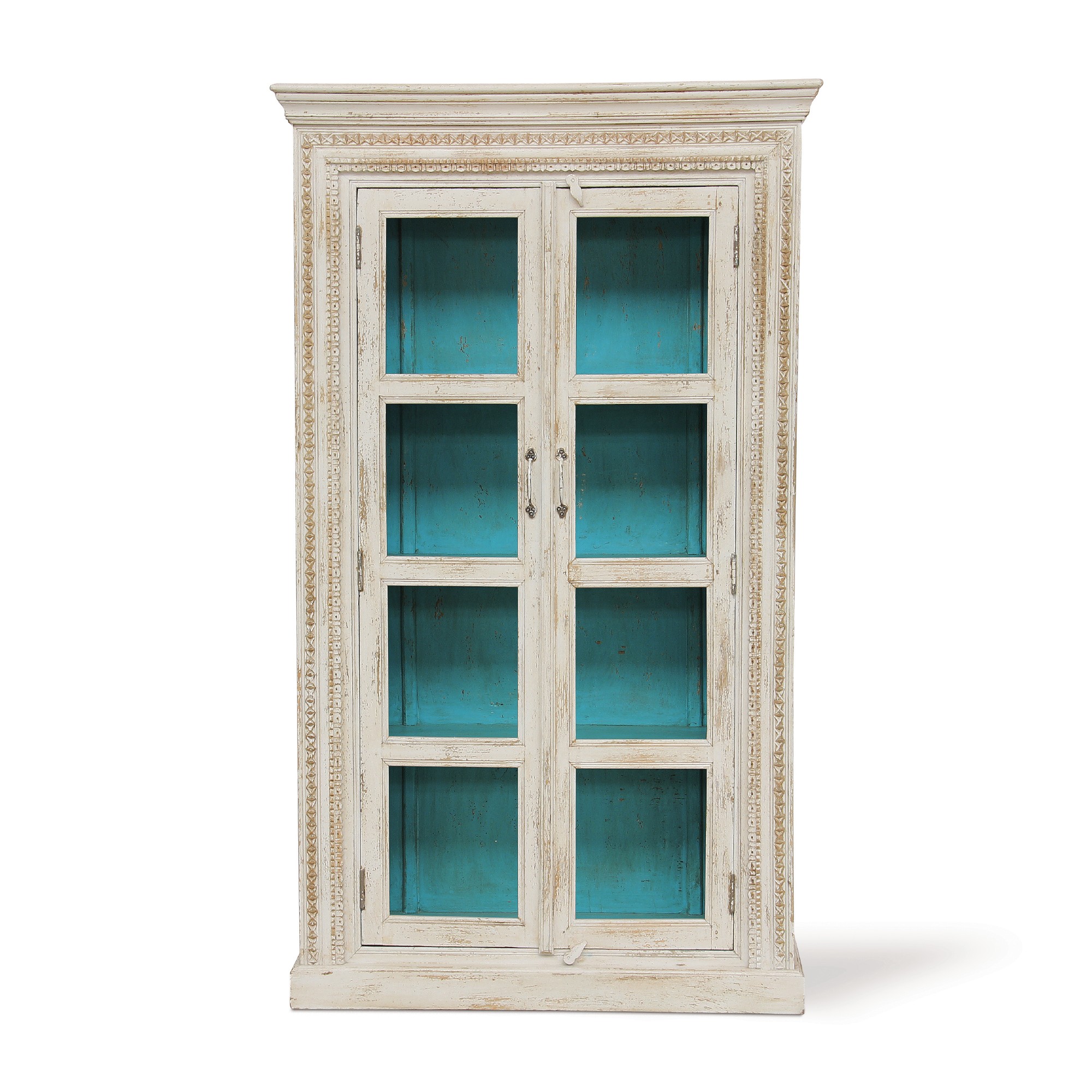 Vitrinenschrank 'Rimo', weiß, türkis, T 43 cm, B 106 cm, H 180 cm