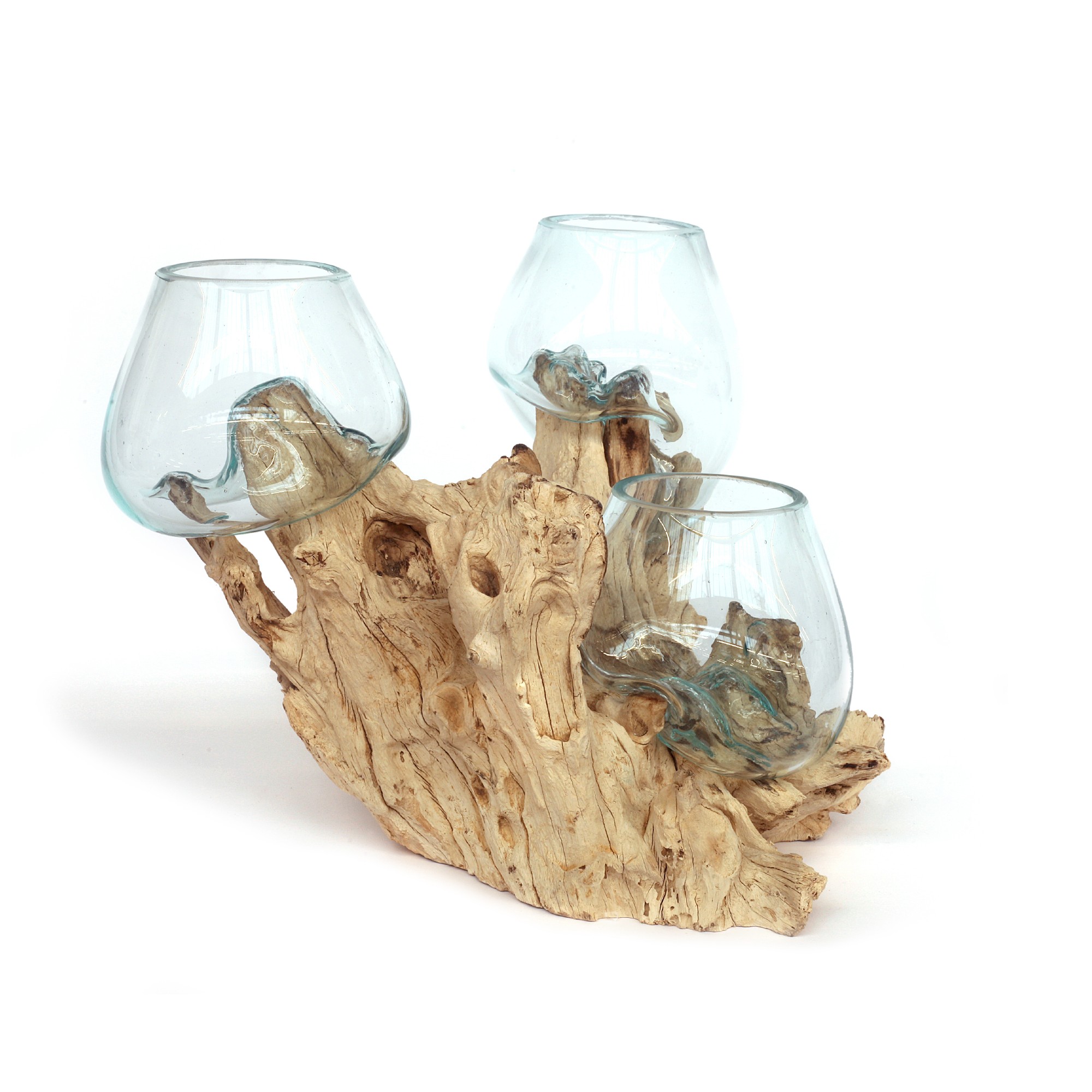 Glasvasen auf Wurzelholz, 3 Gläser, natur, B ca. 40 cm, H 25 - 35 cm, T ca. 35 cm