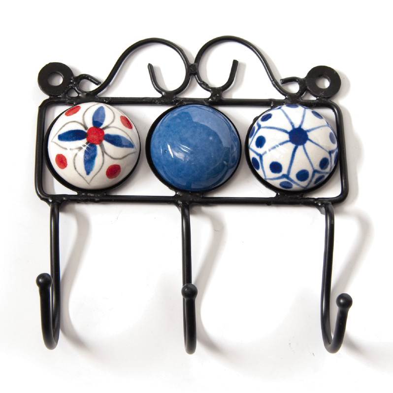Wandhaken 3fach, blau/weiß/rot, L 4,5 cm, B 14,5 cm, H 15 cm