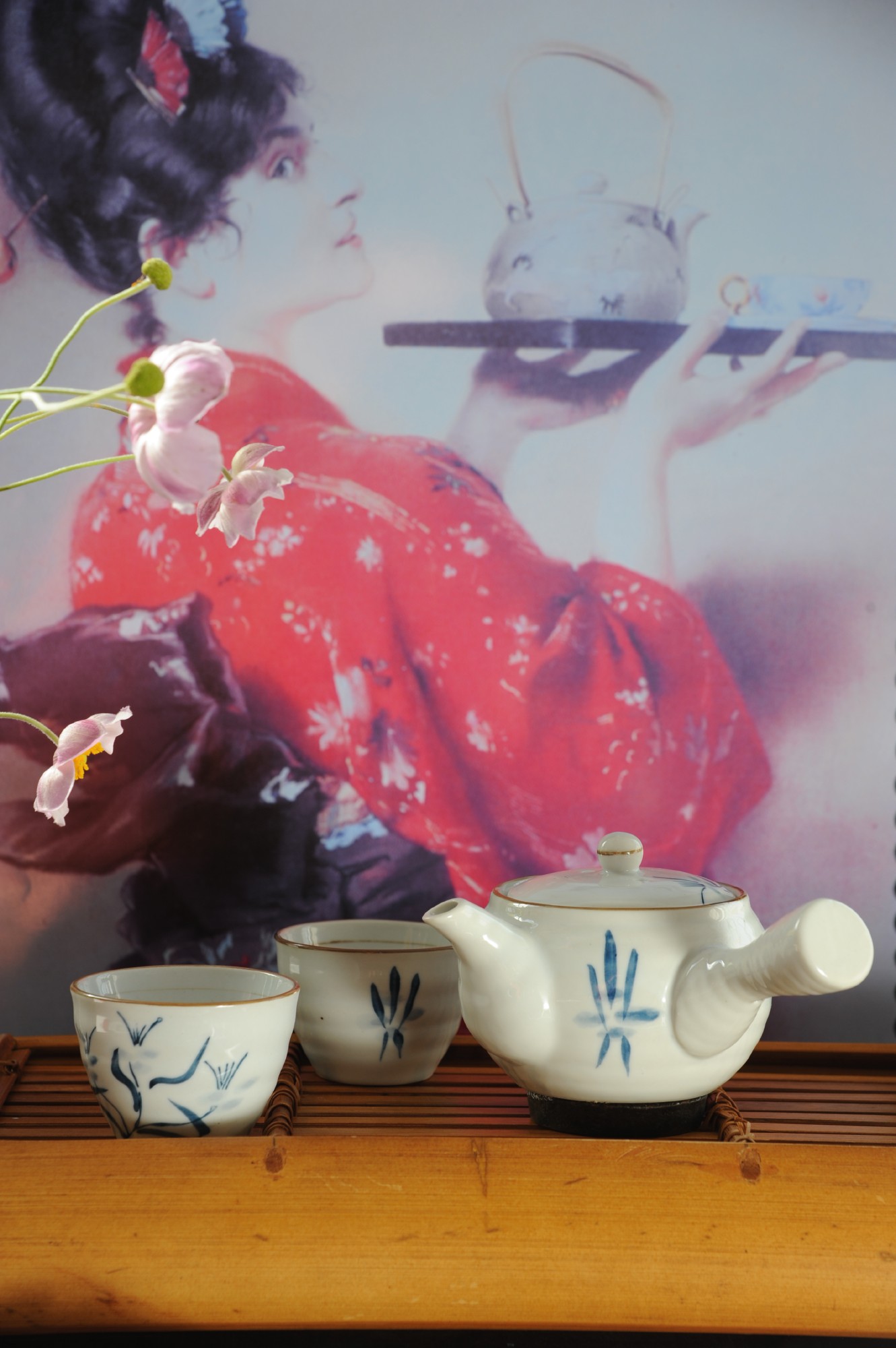 Teeservice 'Sumi', 2 Tassen & Teekanne, weiß/blau