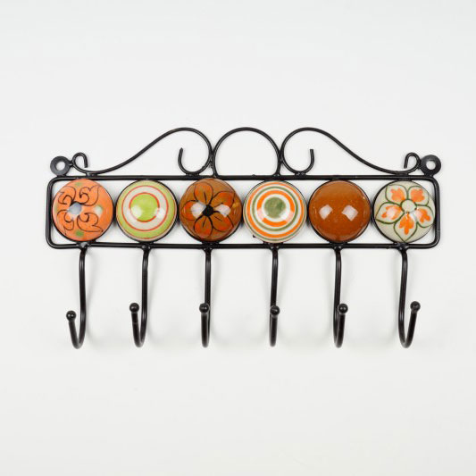 Wandhaken 6fach, handglasiert, braun, orange, L 27 cm, B 4,5 cm, H 15 cm
