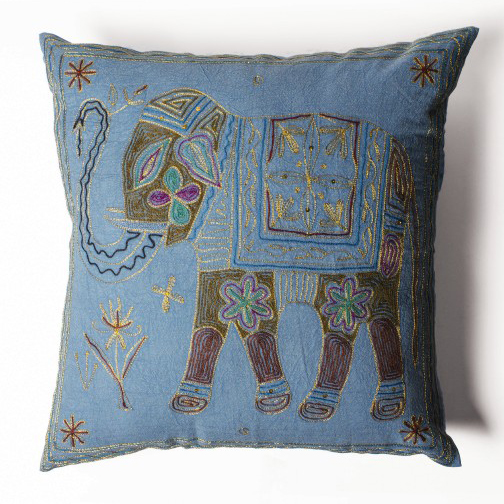 Handbestickte Kissenhülle 'Elefant', blau, L 60 cm, B 60 cm
