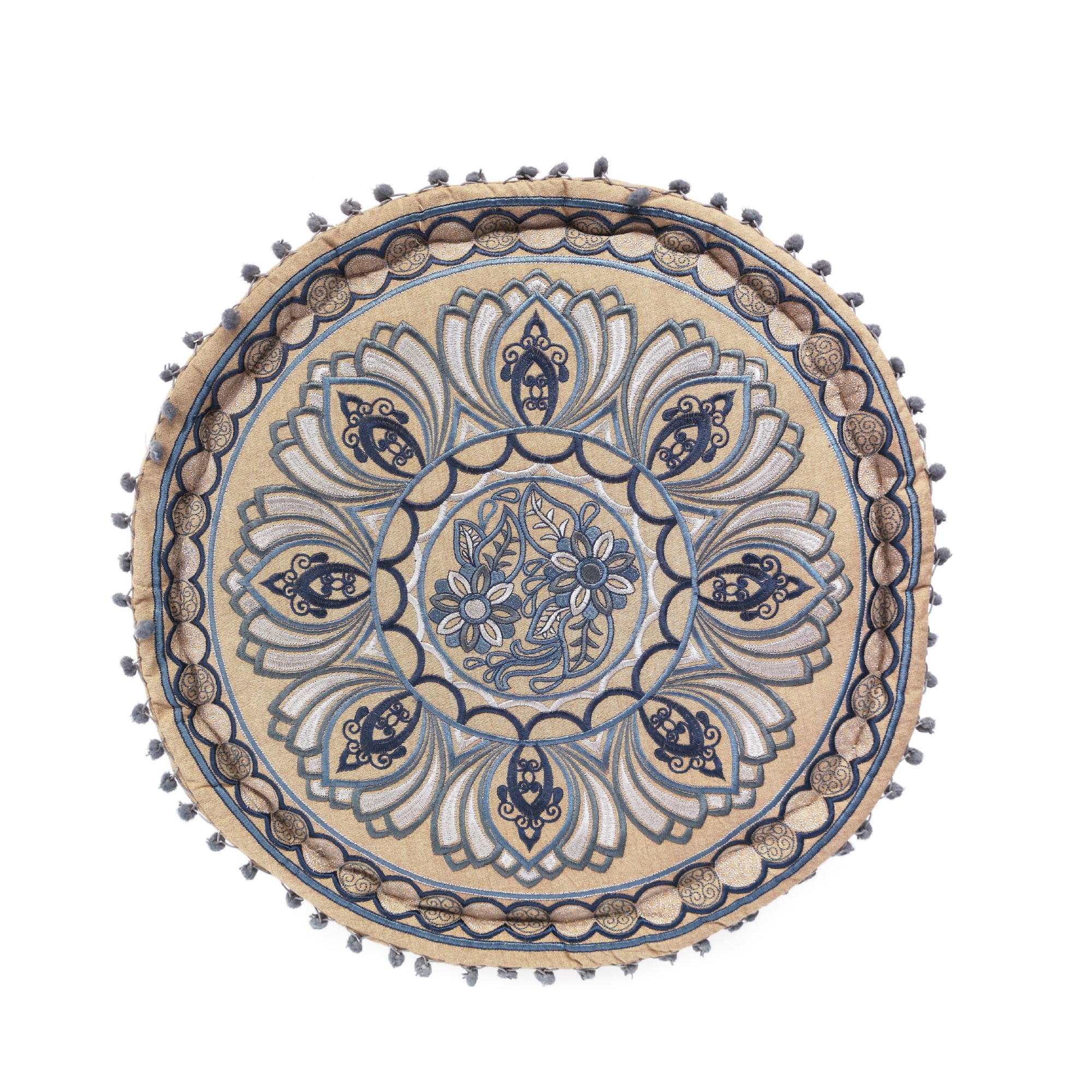 Pouf 'Lotus', beige, blau, Ø 55 cm, H 30 cm