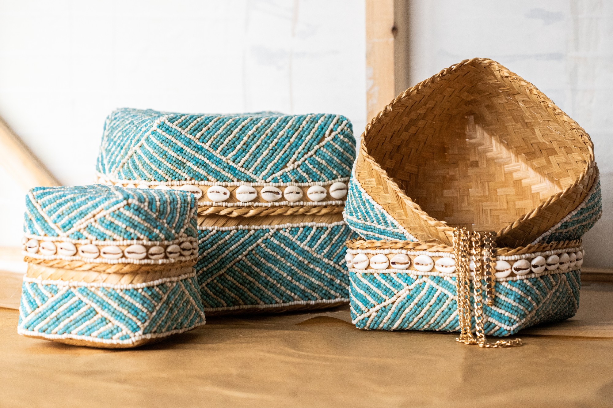3er-Set Opfergabekörbe, mint, mit Muschelbesatz