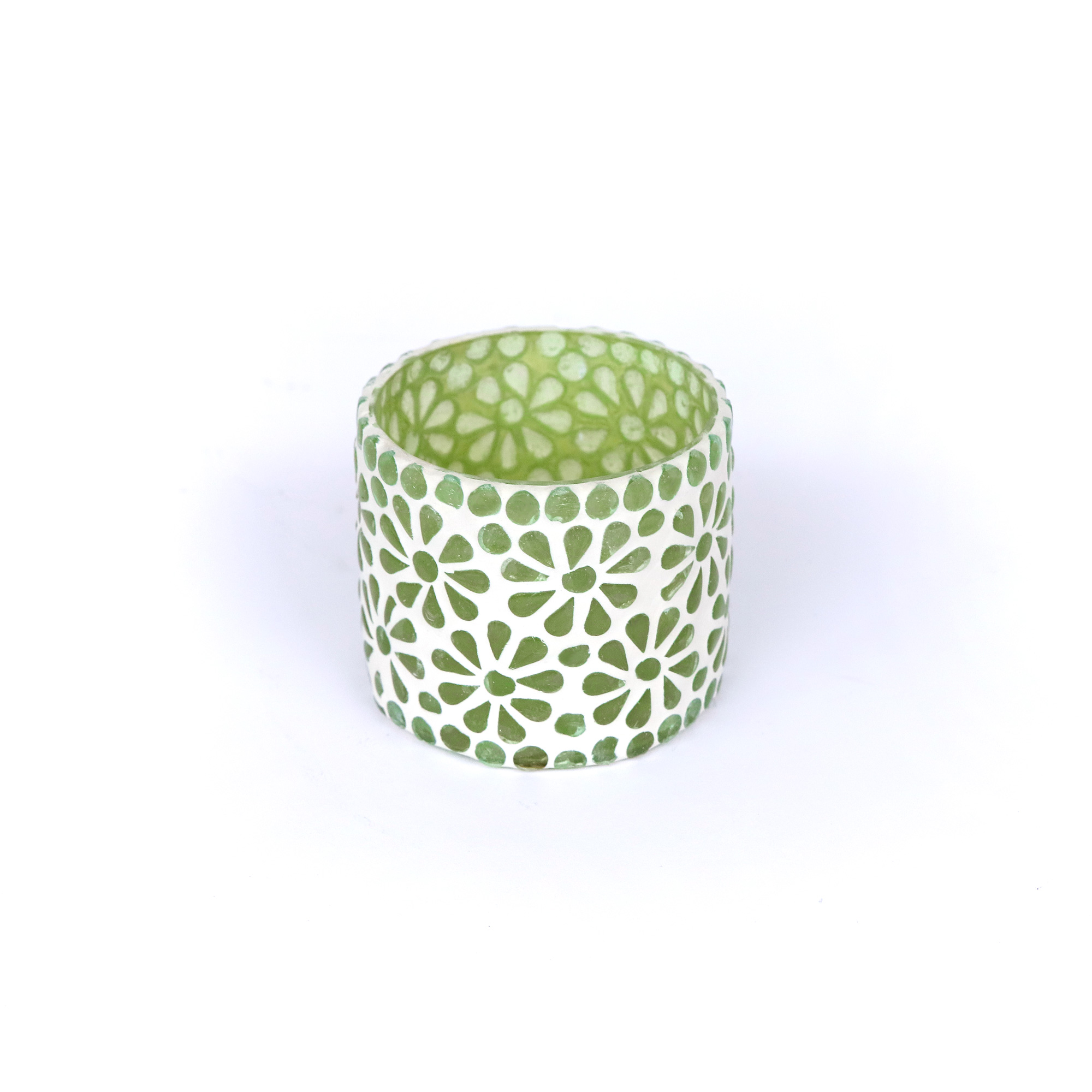 Windlicht 'Blumen-Mosaik', weiß-grün, Ø 8 cm, H 8 cm