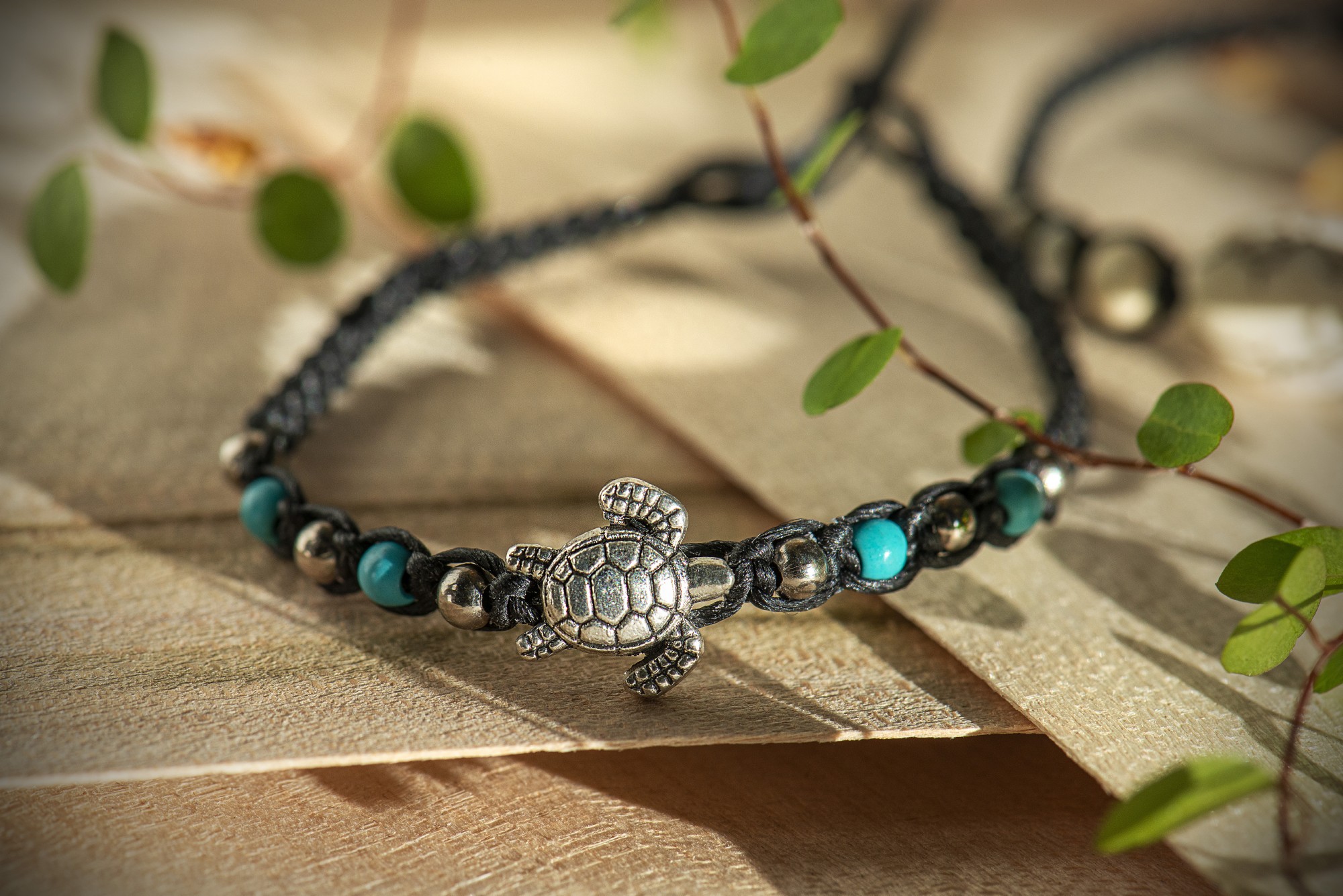 Armband 'Tulli', handgefertigt, schwarz, türkis, silber, L 18-19 cm